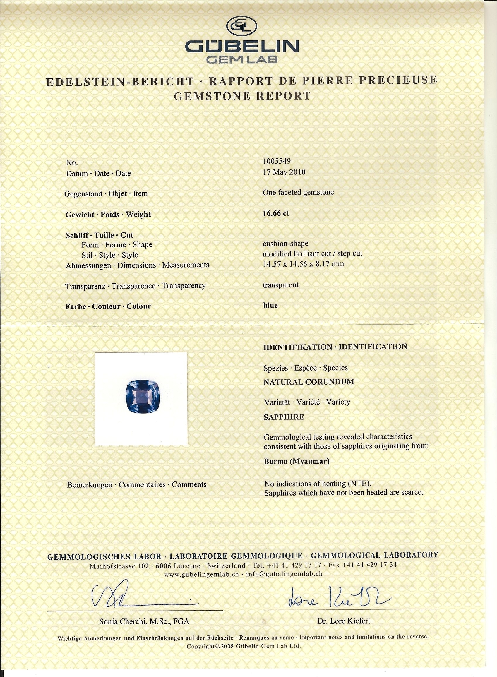 16.66 Ct. Blue Sapphire from Burma (Myanmar)