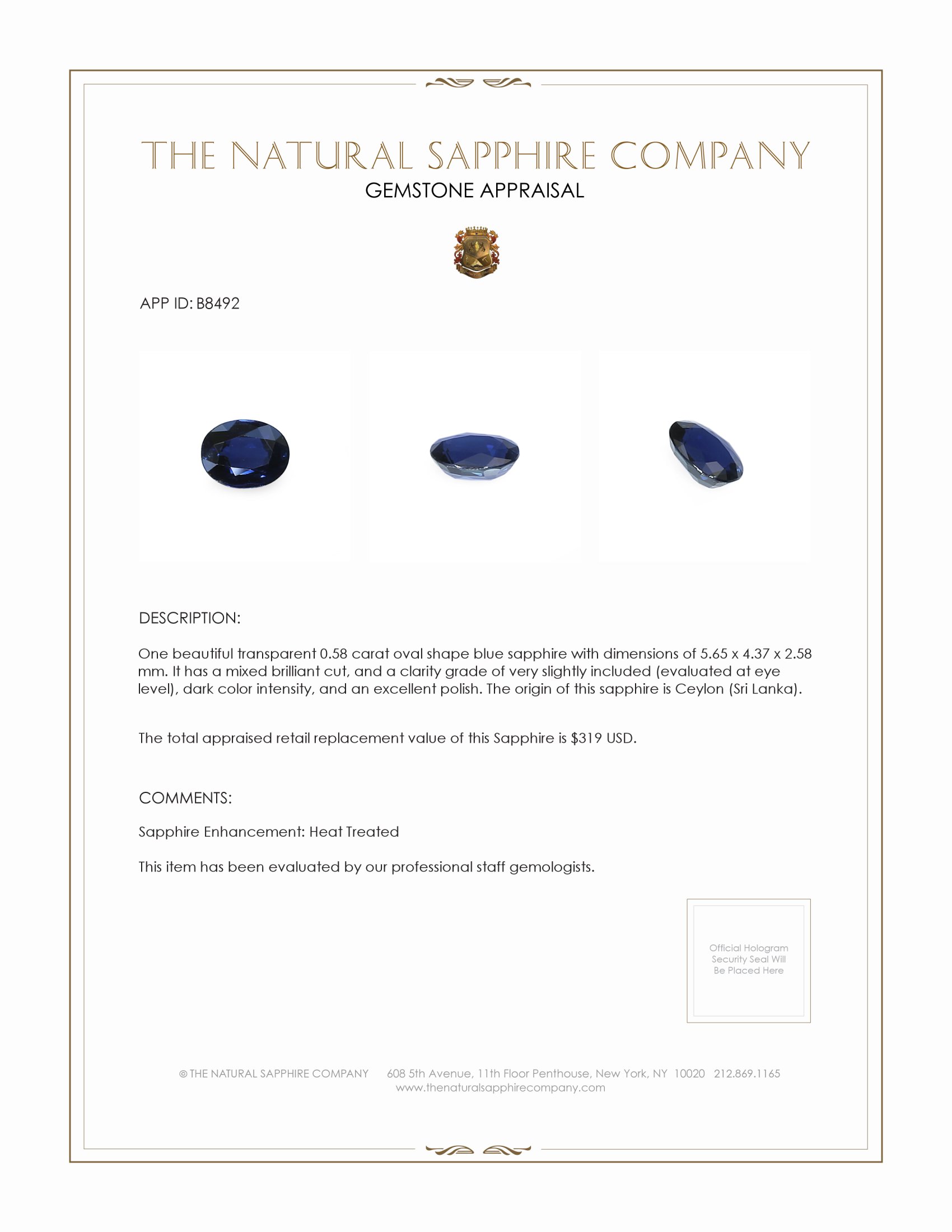 0.58 Ct. Blue Sapphire from Ceylon (Sri Lanka)