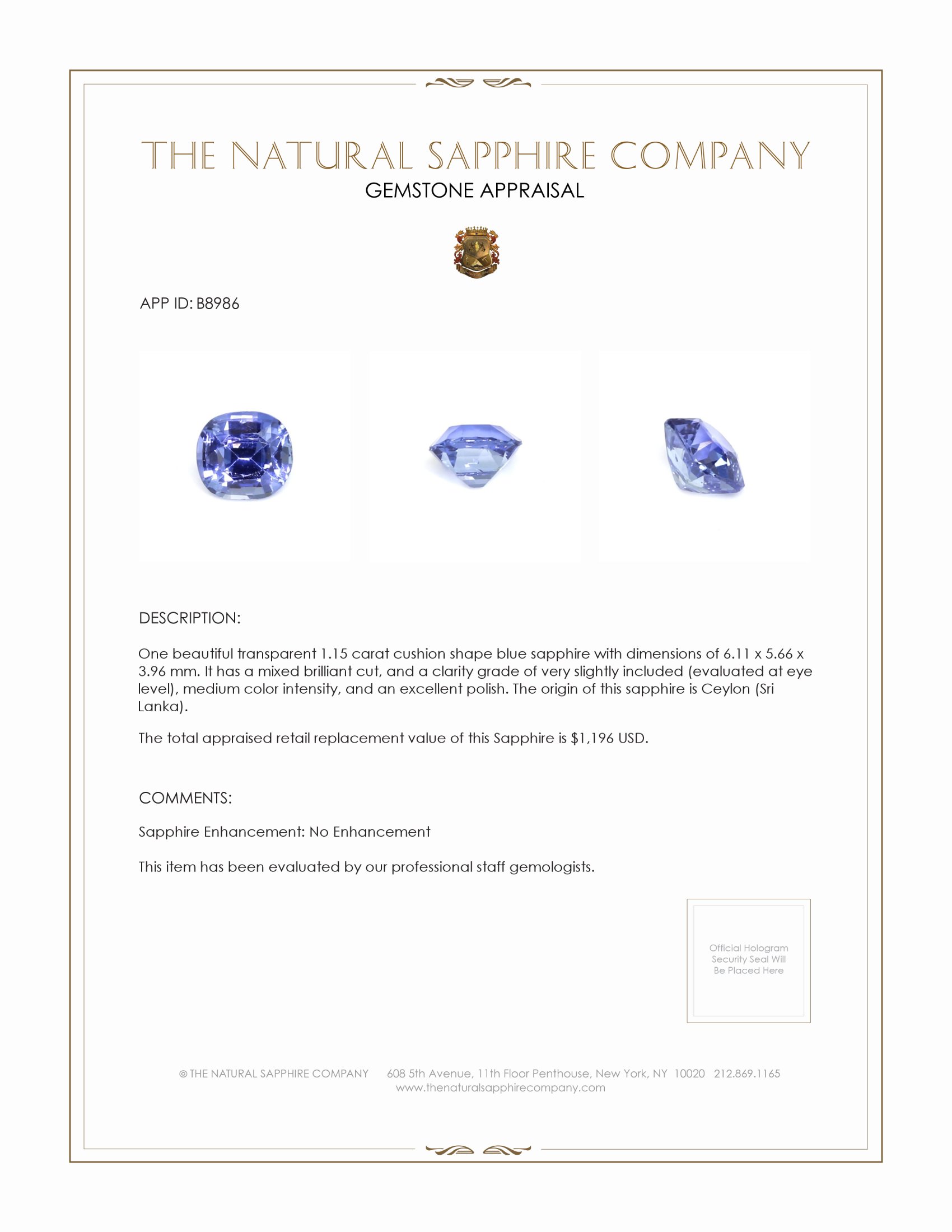 1.15 Ct. Blue Sapphire from Ceylon (Sri Lanka)