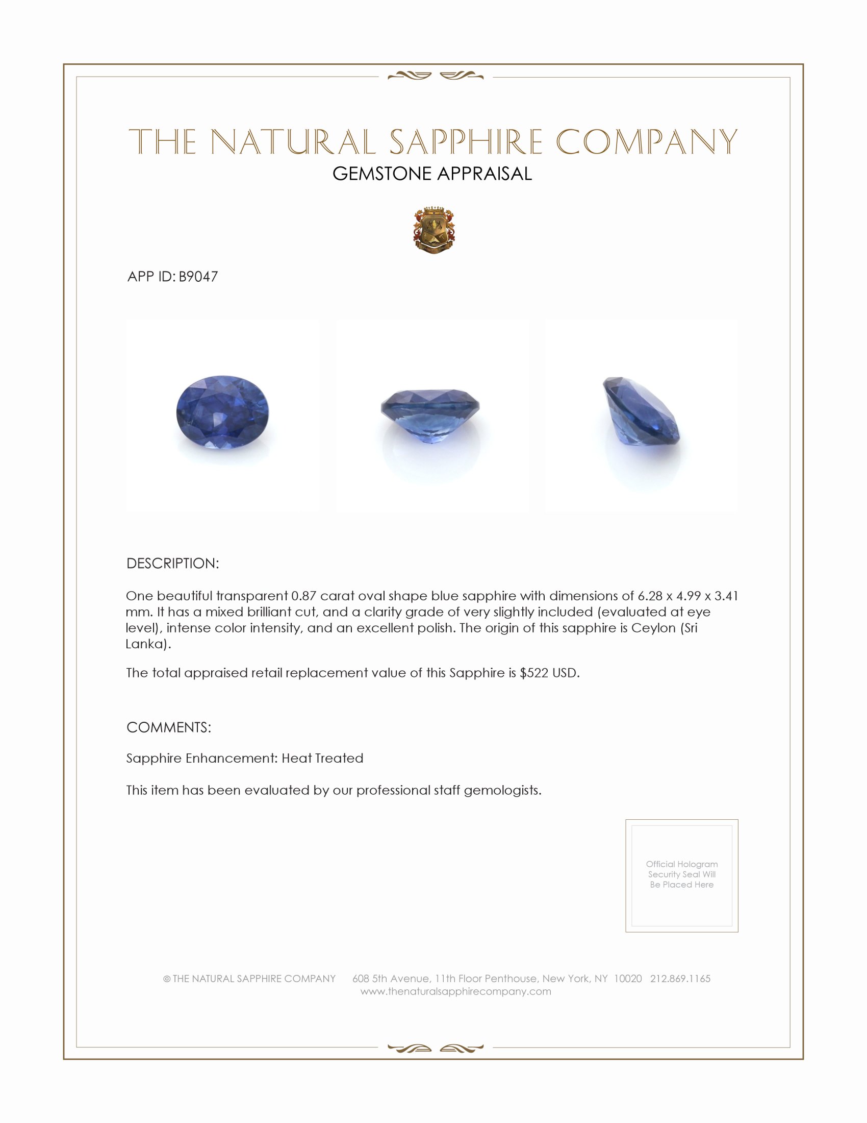 0.87 Ct. Blue Sapphire from Ceylon (Sri Lanka)