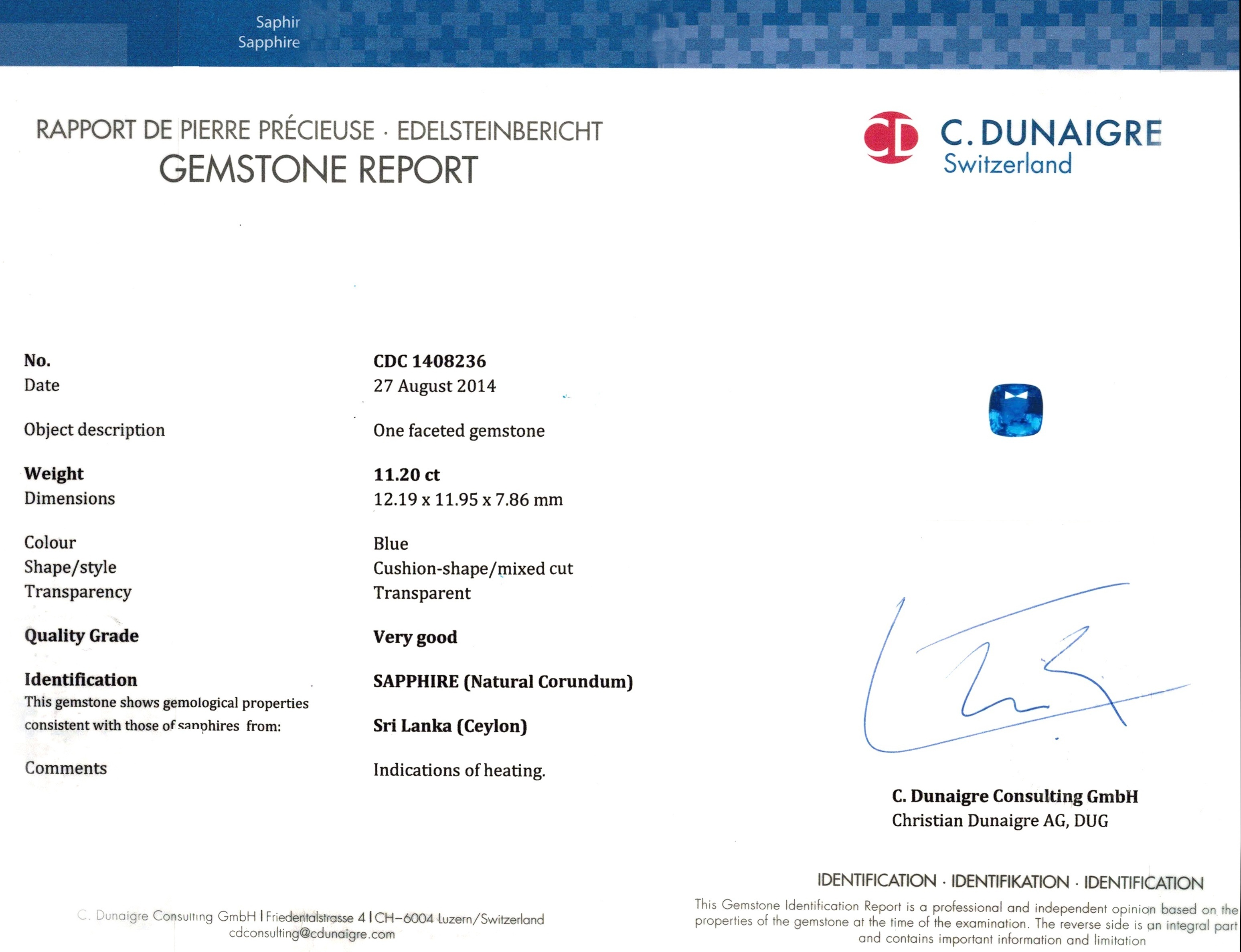 11.20 Ct. Blue Sapphire from Ceylon (Sri Lanka)