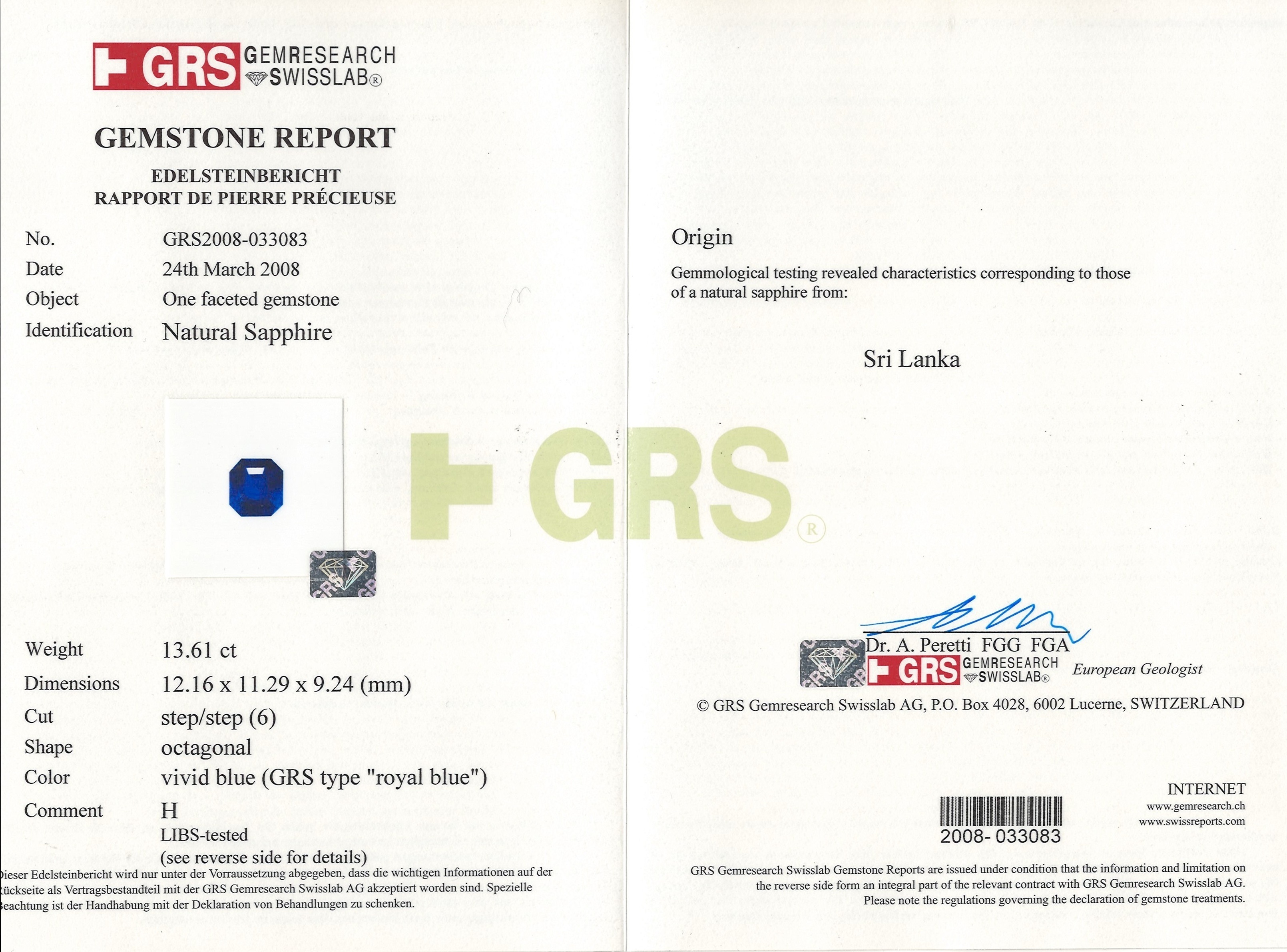 13.61 Ct. Blue Sapphire from Ceylon (Sri Lanka)