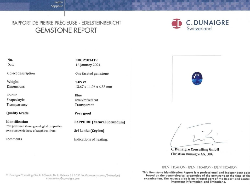 7.89 Ct. Blue Sapphire from Ceylon (Sri Lanka)