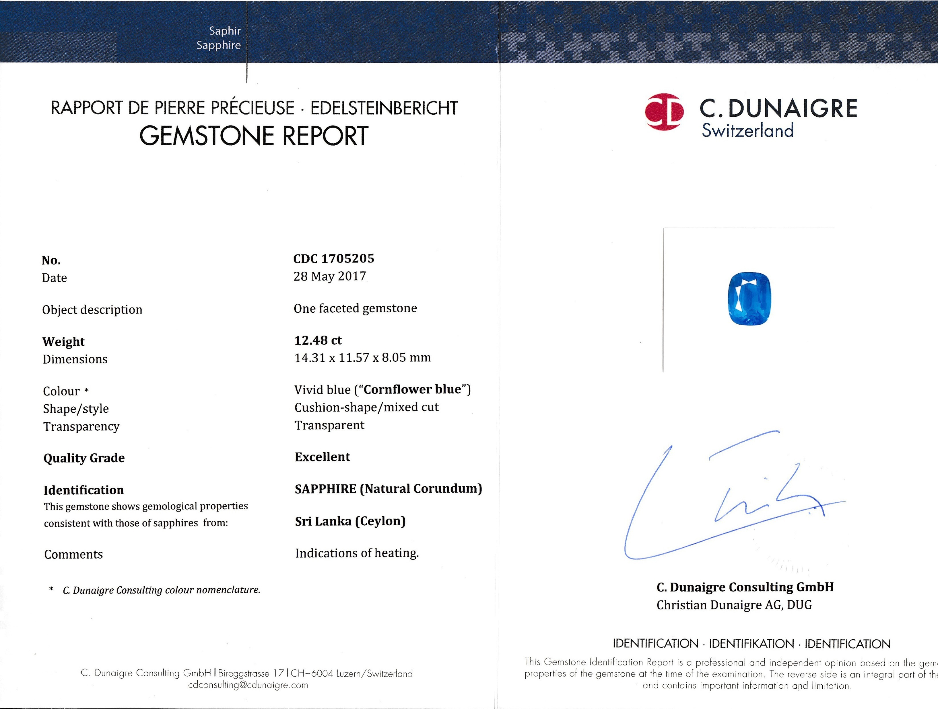 12.48 Ct. Blue Sapphire from Ceylon (Sri Lanka)