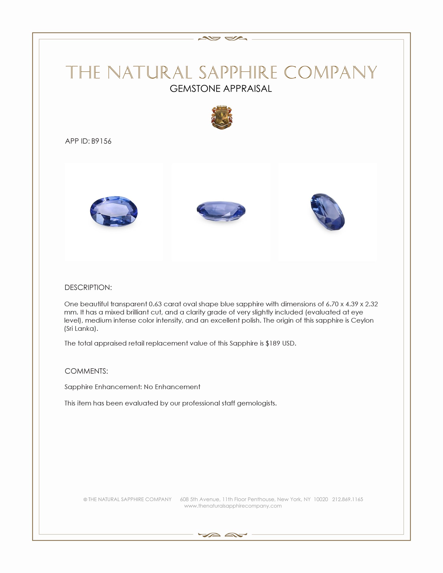 0.63 Ct. Blue Sapphire from Ceylon (Sri Lanka)