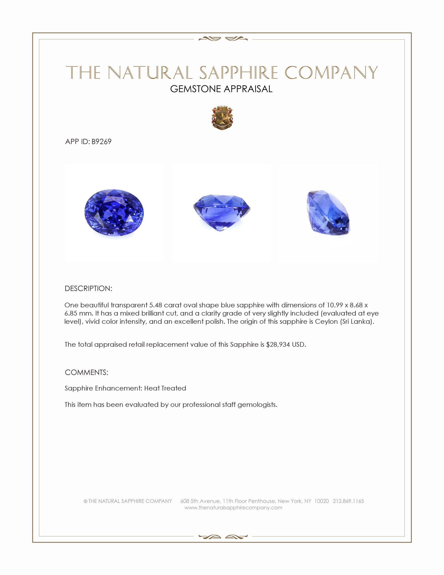5.48 Ct. Blue Sapphire from Ceylon (Sri Lanka)
