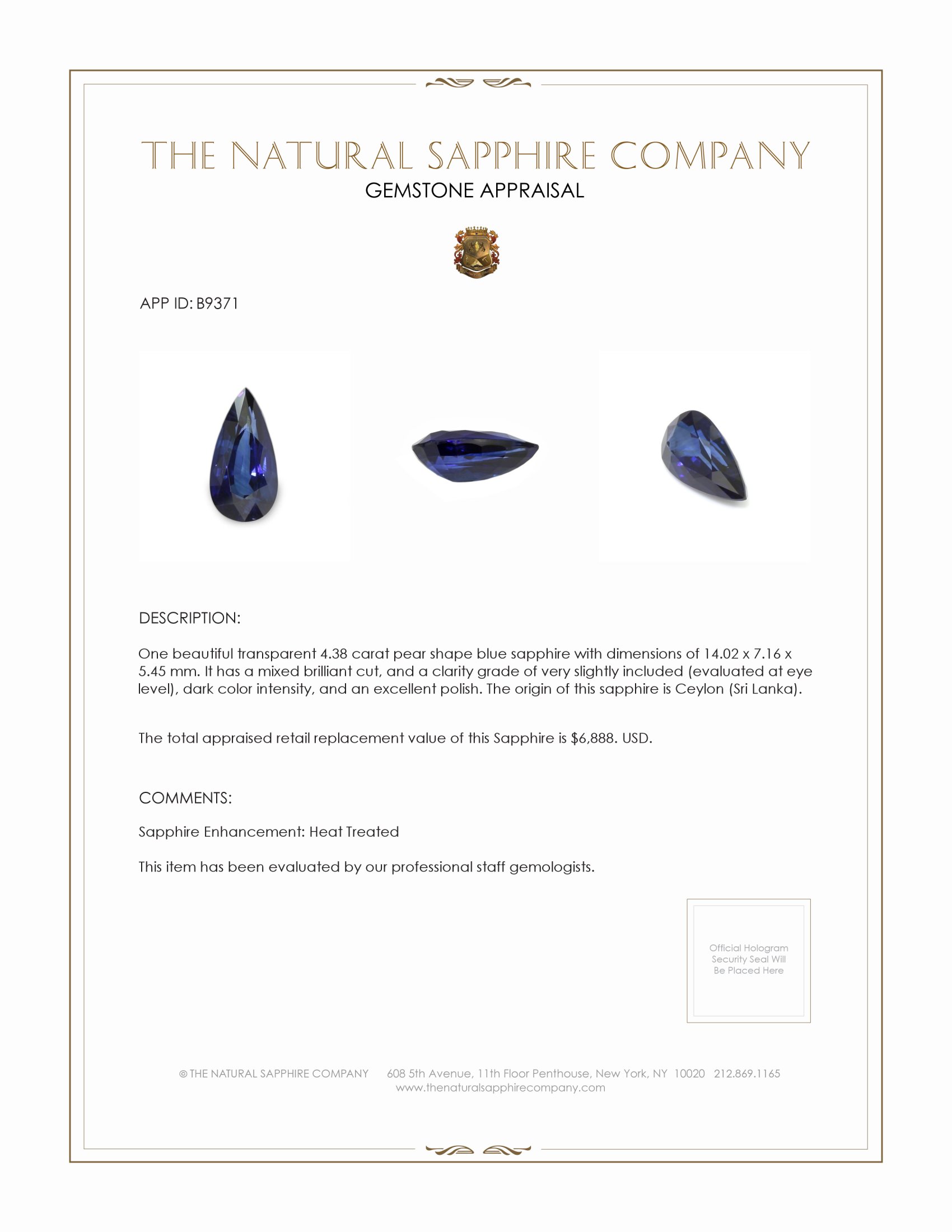4.38 Ct. Blue Sapphire from Ceylon (Sri Lanka)