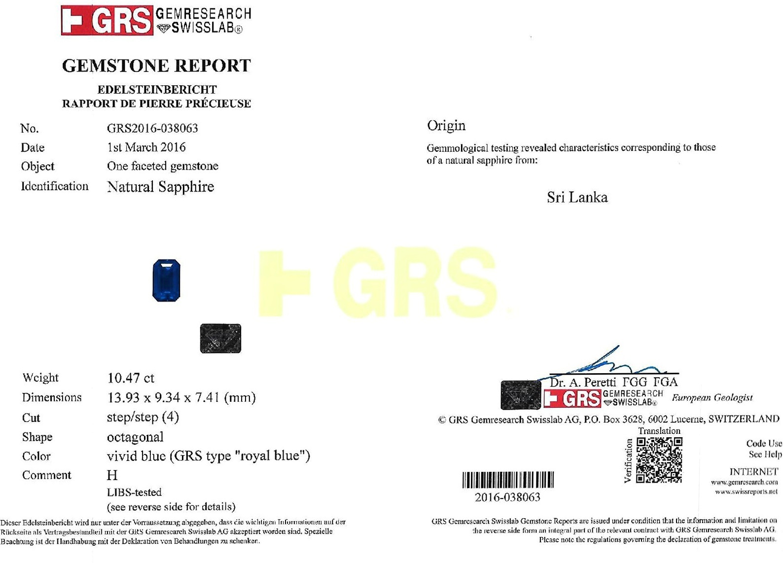 10.47 Ct. Blue Sapphire from Ceylon (Sri Lanka)