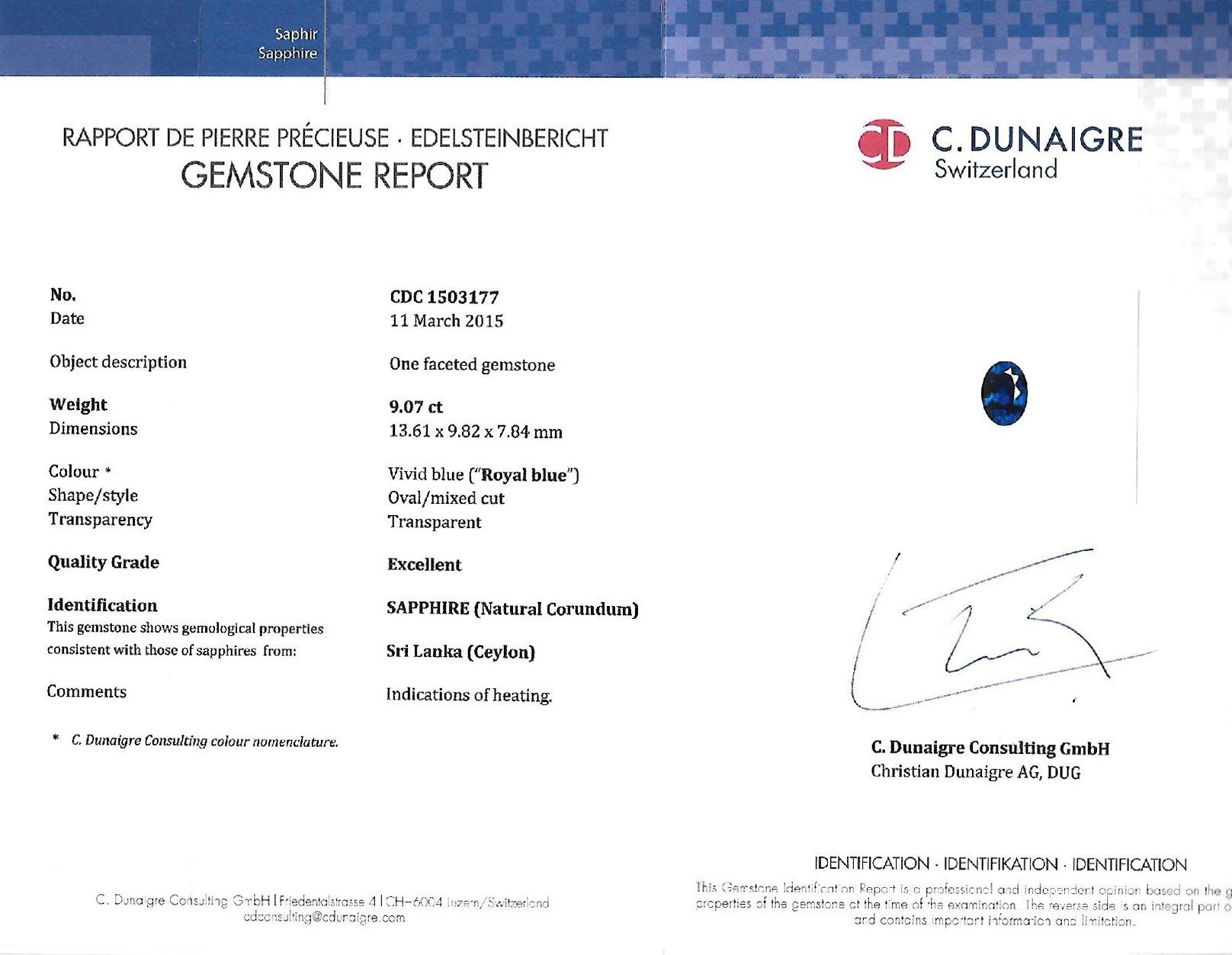 9.07 Ct. Blue Sapphire from Ceylon (Sri Lanka)