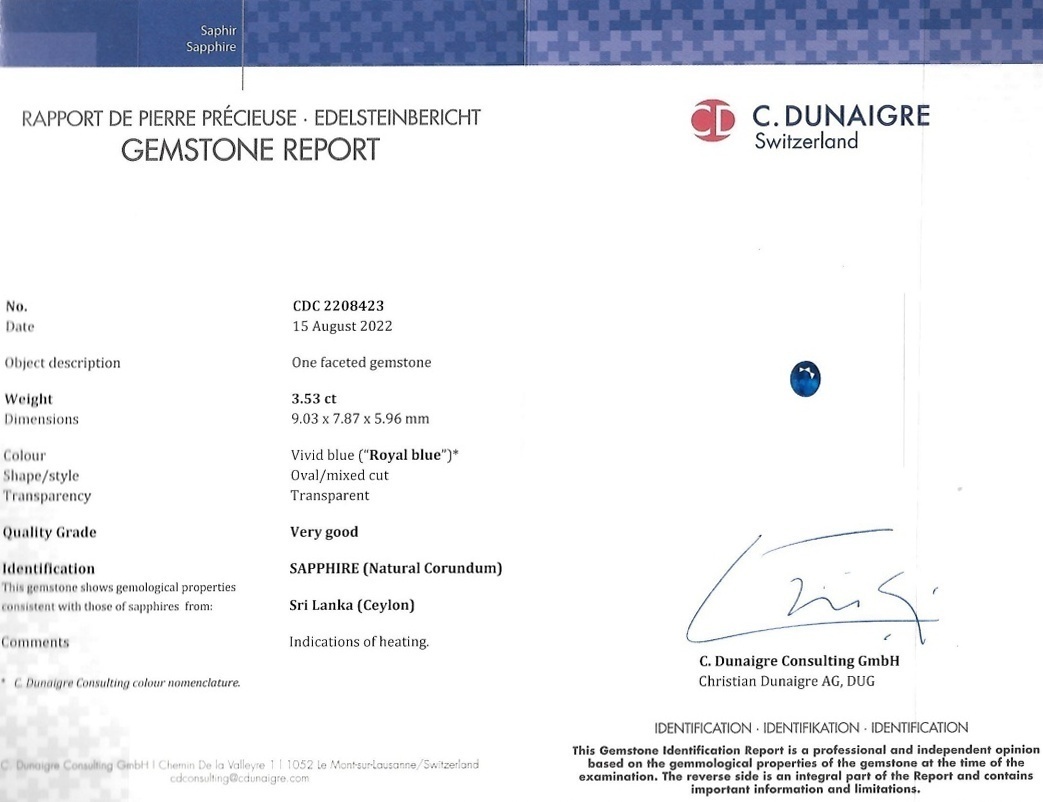 3.53 Ct. Blue Sapphire from Ceylon (Sri Lanka)