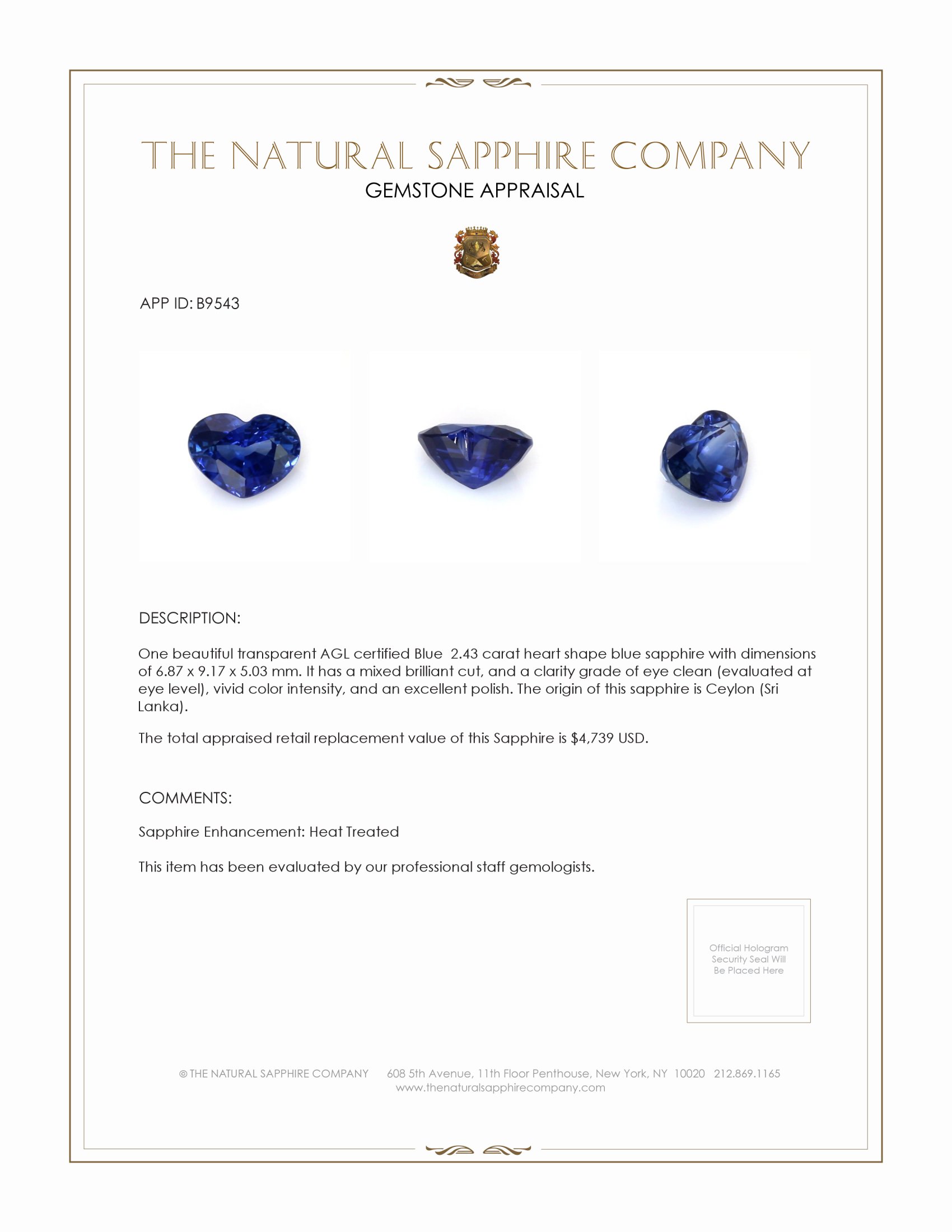 2.43 Ct. Blue Sapphire from Ceylon (Sri Lanka)