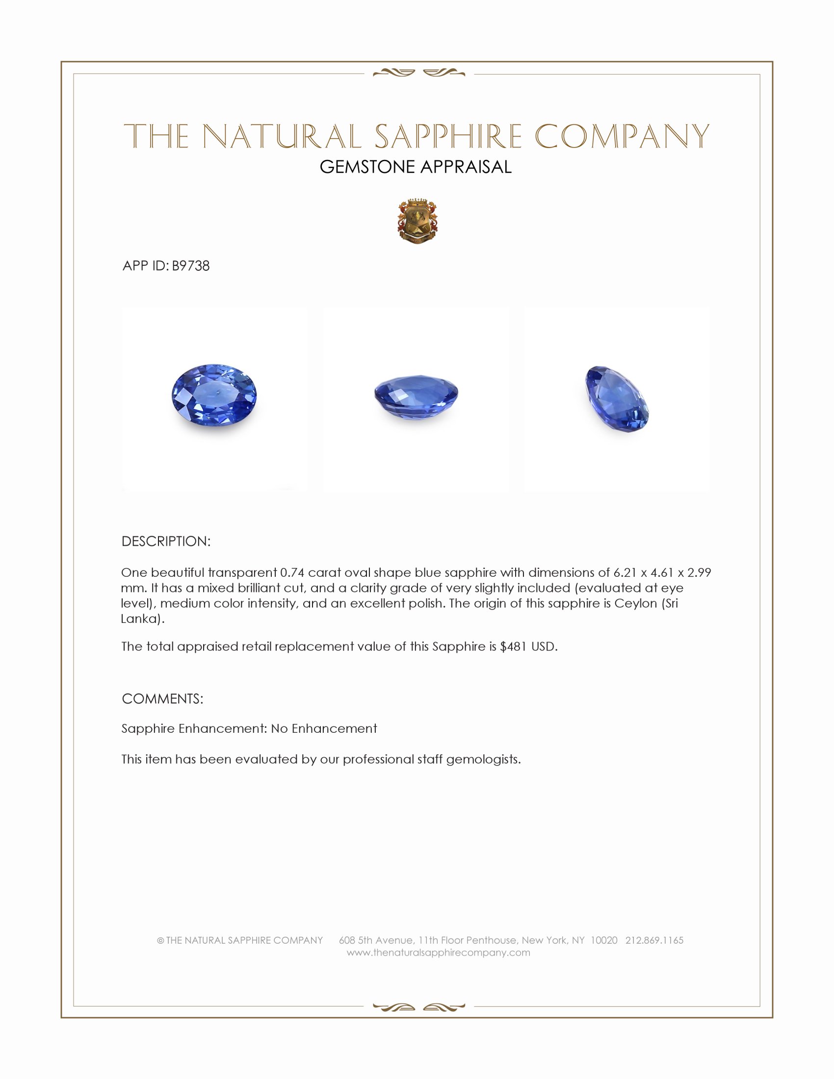 0.74 Ct. Blue Sapphire from Ceylon (Sri Lanka)