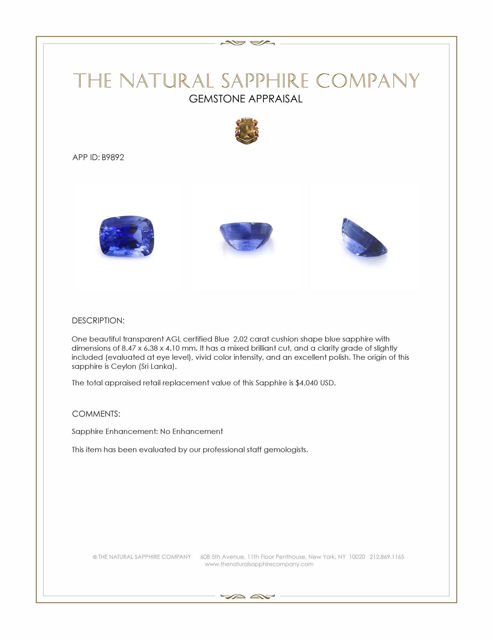 2.02 Ct. Blue Sapphire from Ceylon (Sri Lanka)