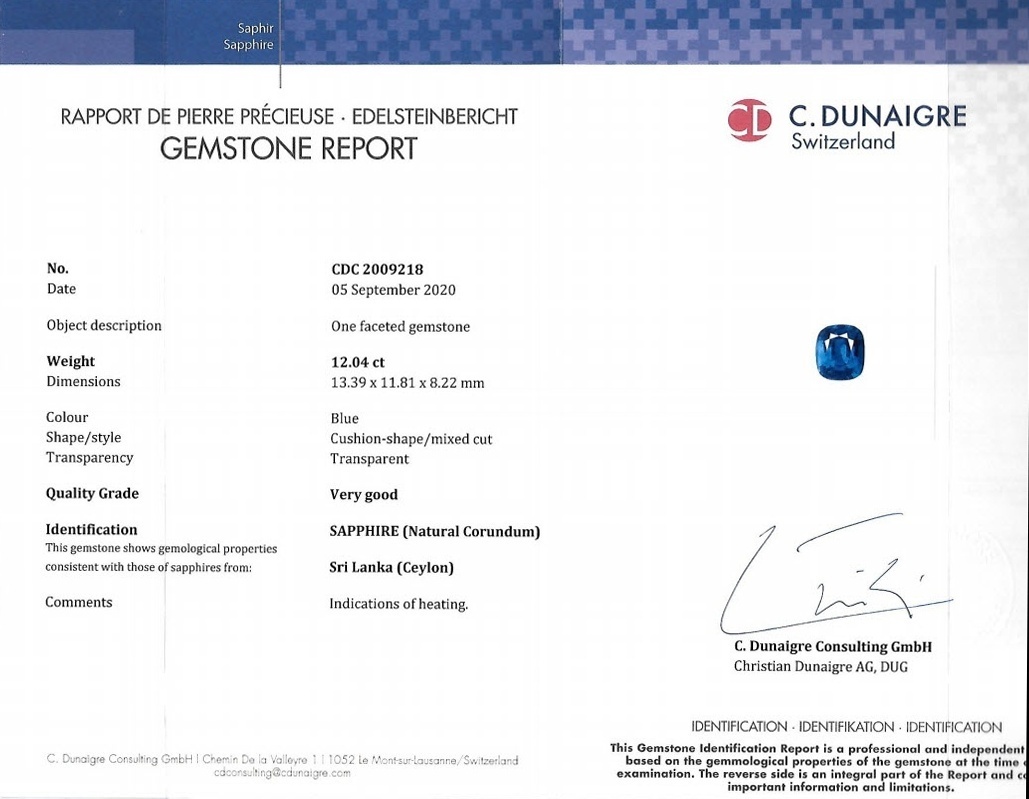 12.04 Ct. Blue Sapphire from Ceylon (Sri Lanka)