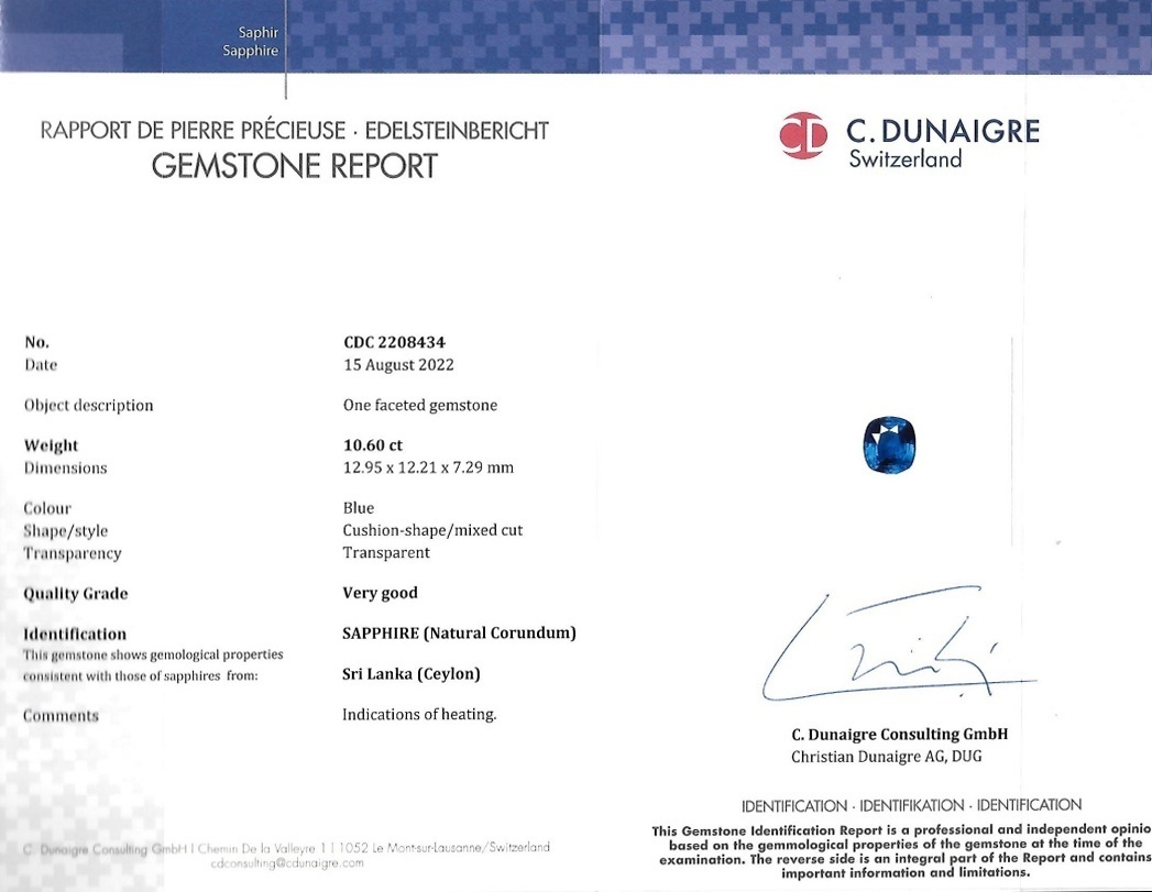 10.60 Ct. Blue Sapphire from Ceylon (Sri Lanka)