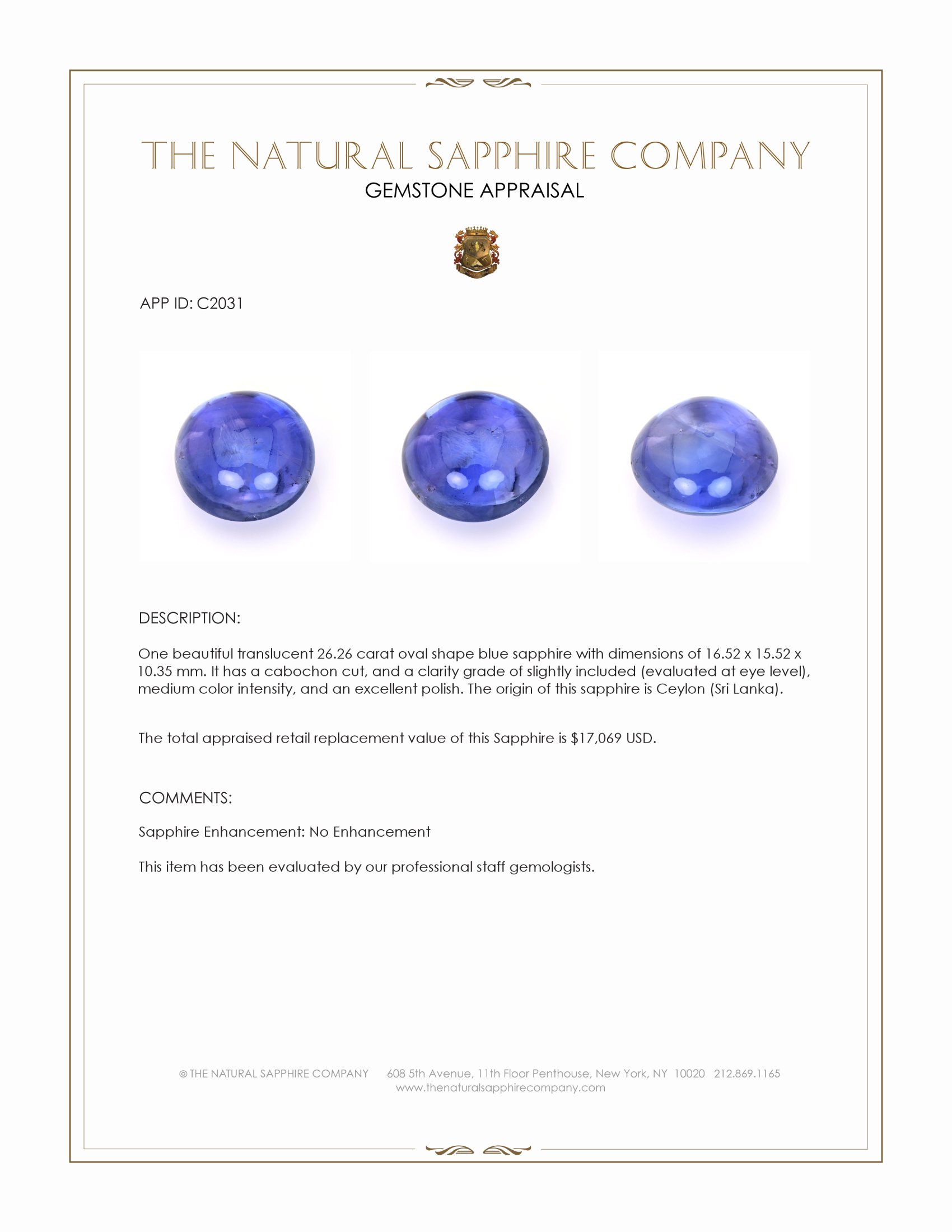 26.26 Ct. Blue Cabochon Sapphire from Ceylon (Sri Lanka)