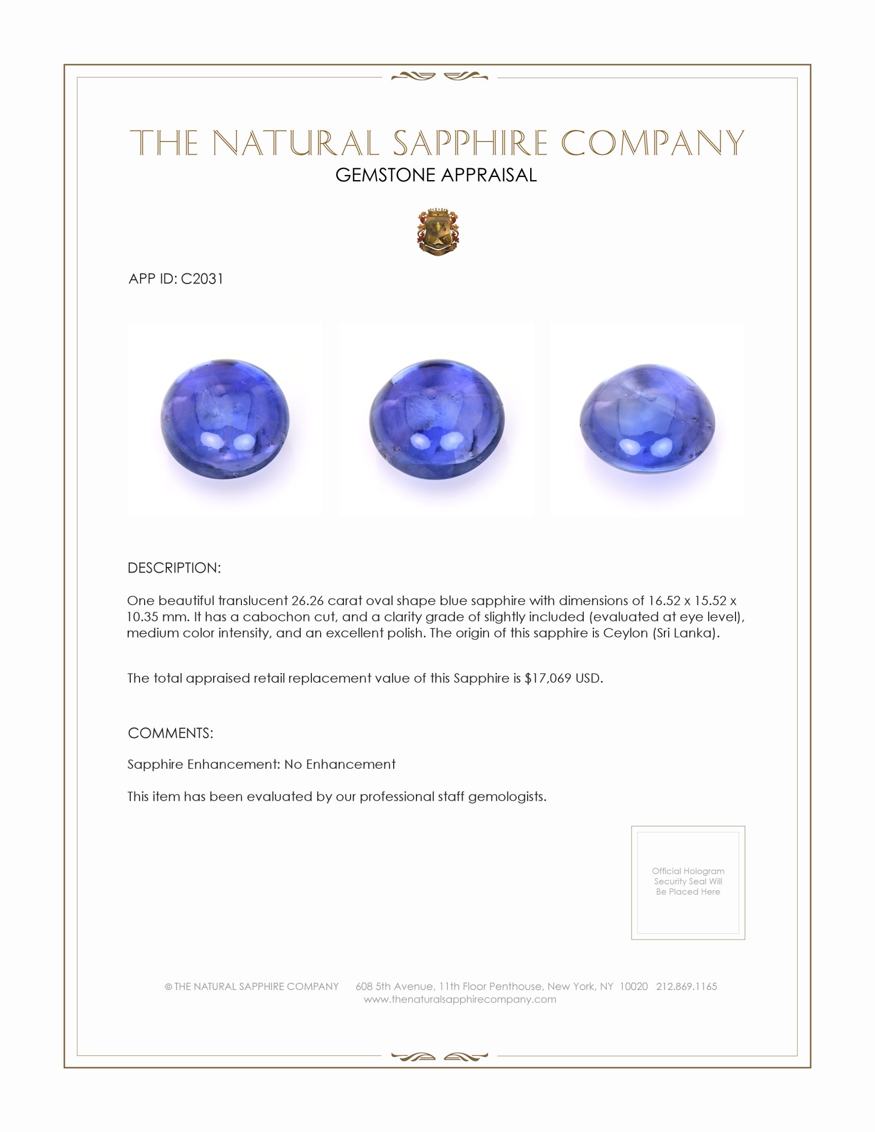 26.26 Ct. Blue Cabochon Sapphire from Ceylon (Sri Lanka)