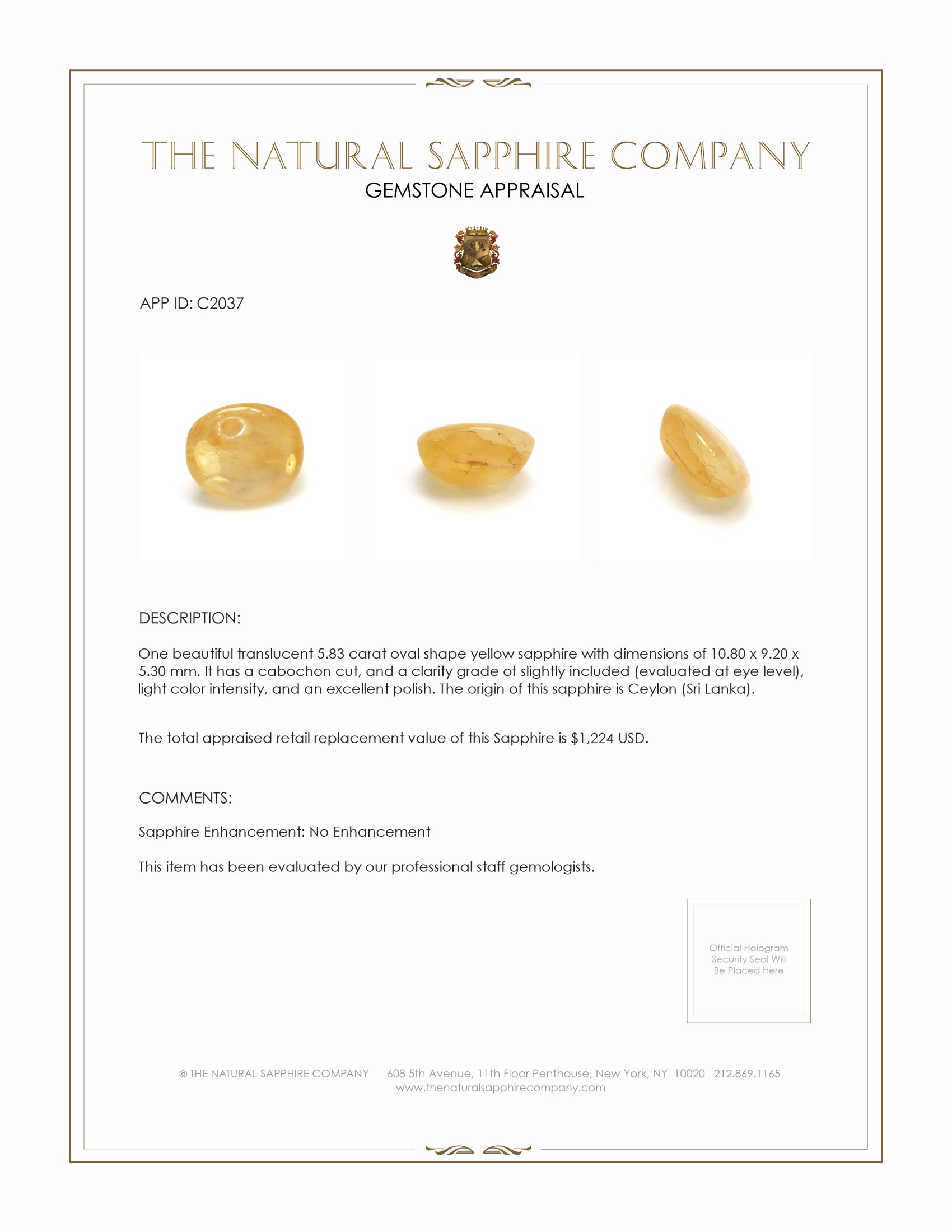 5.83 Ct. Yellow Cabochon Sapphire from Ceylon (Sri Lanka)