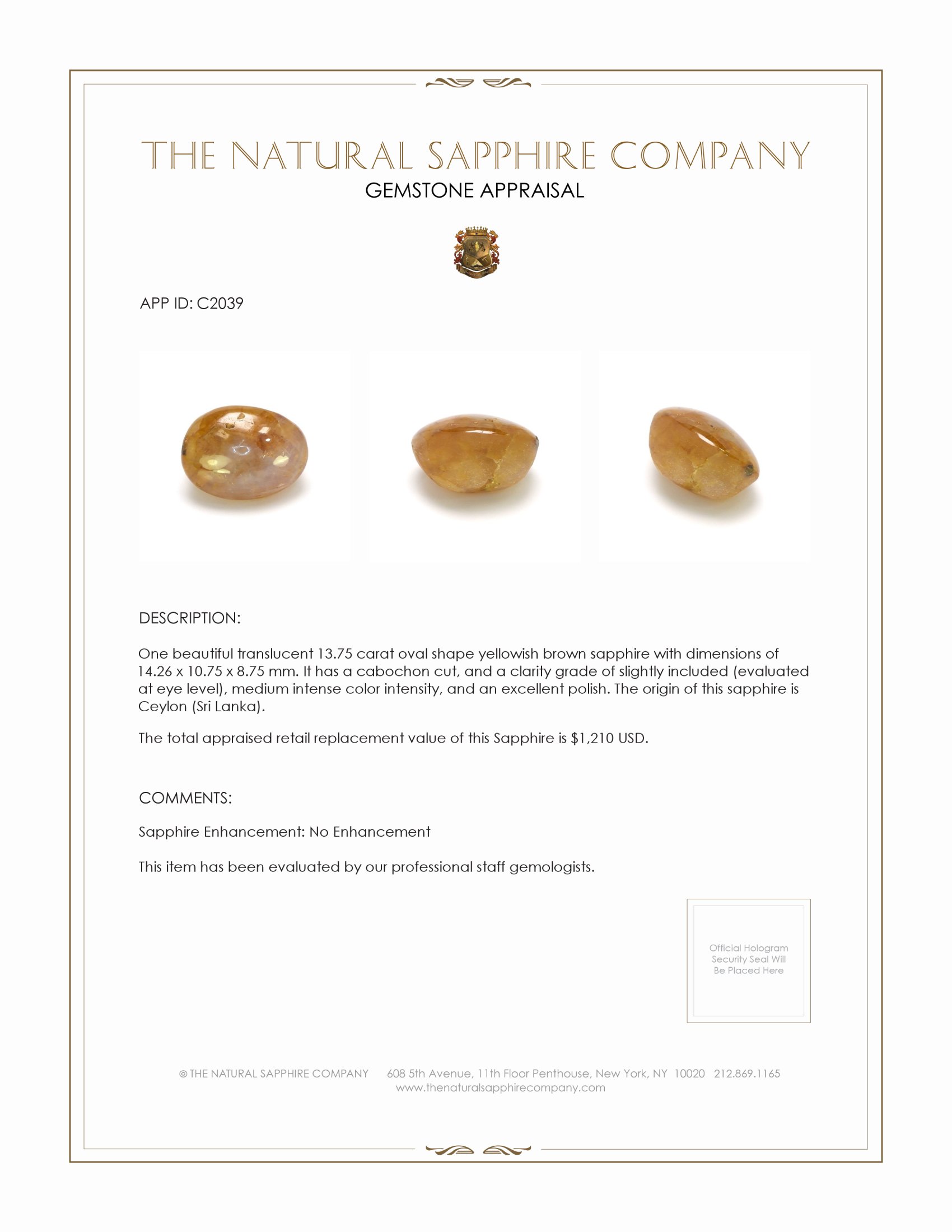 13.75 Ct. Yellowish Brown Cabochon Sapphire from Ceylon (Sri Lanka)