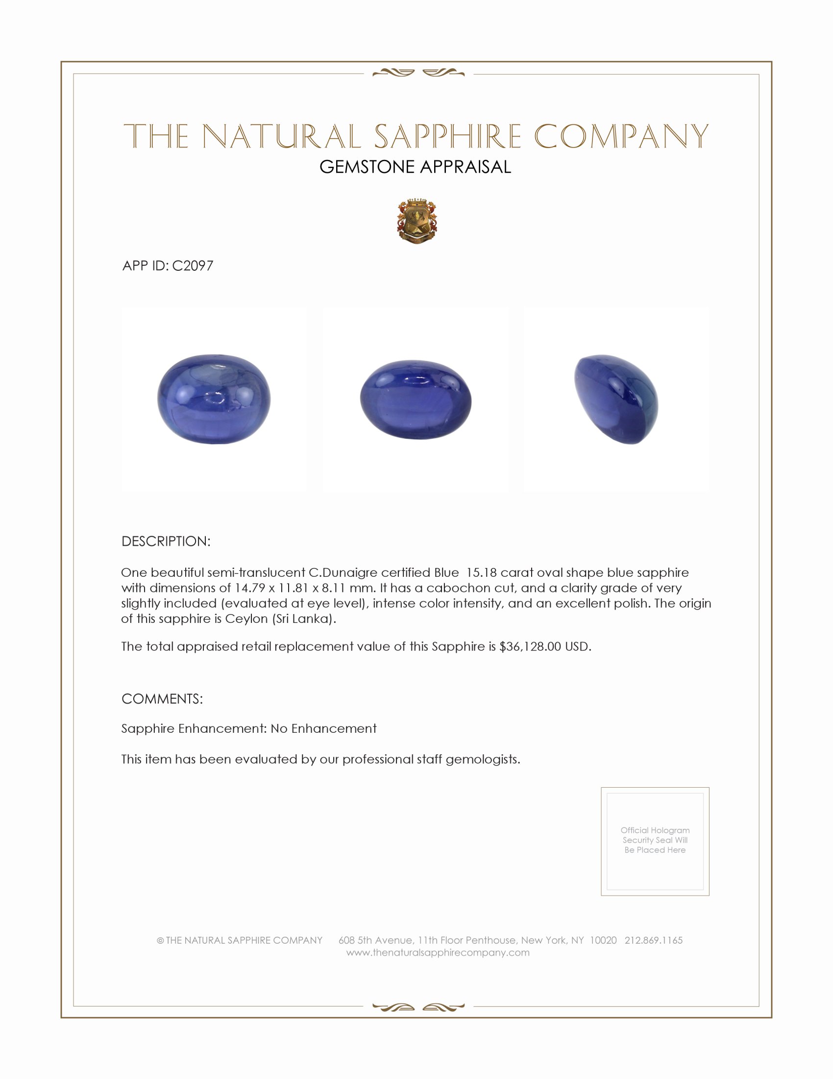 15.18 Ct. Blue Cabochon Sapphire from Ceylon (Sri Lanka)