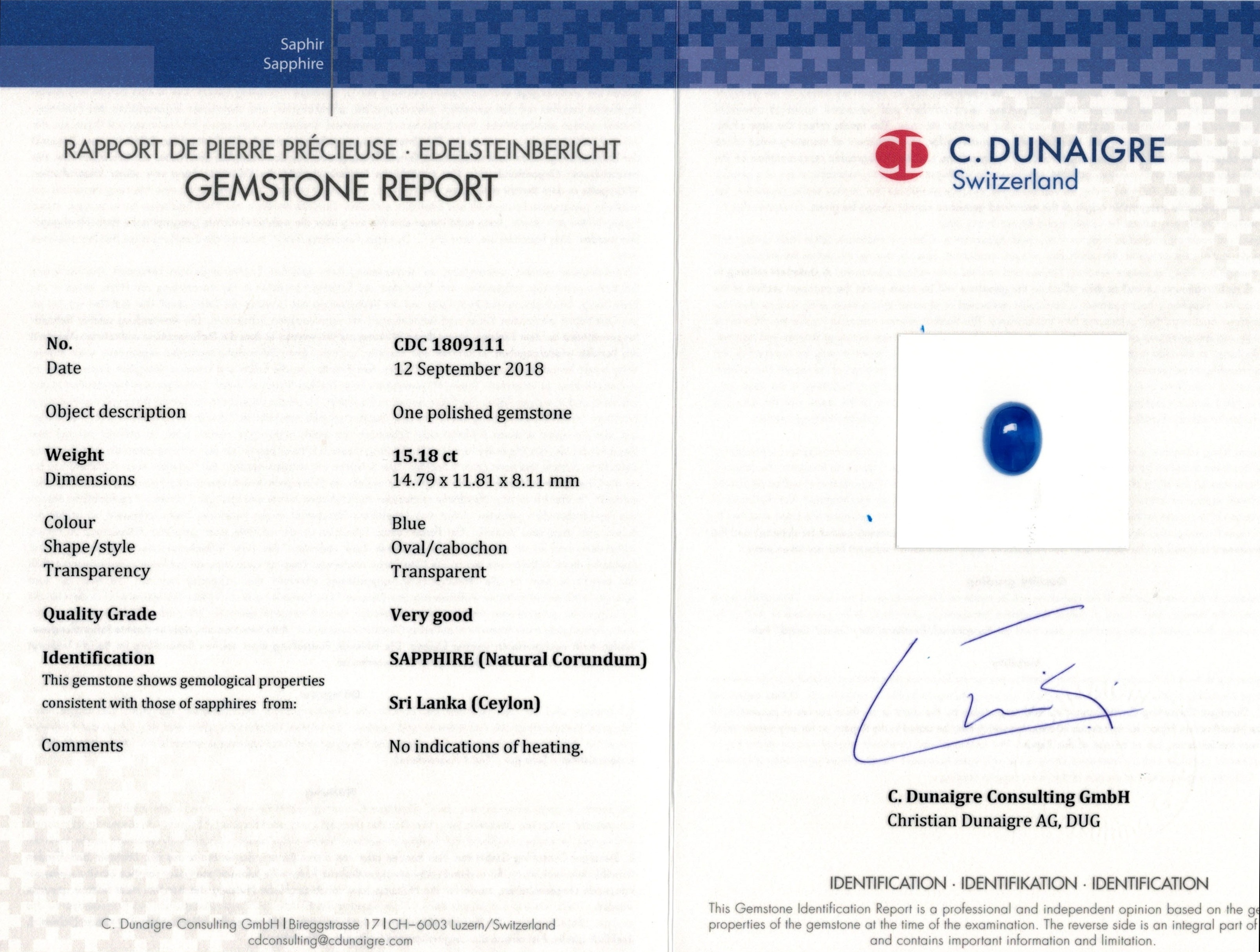 15.18 Ct. Blue Cabochon Sapphire from Ceylon (Sri Lanka)