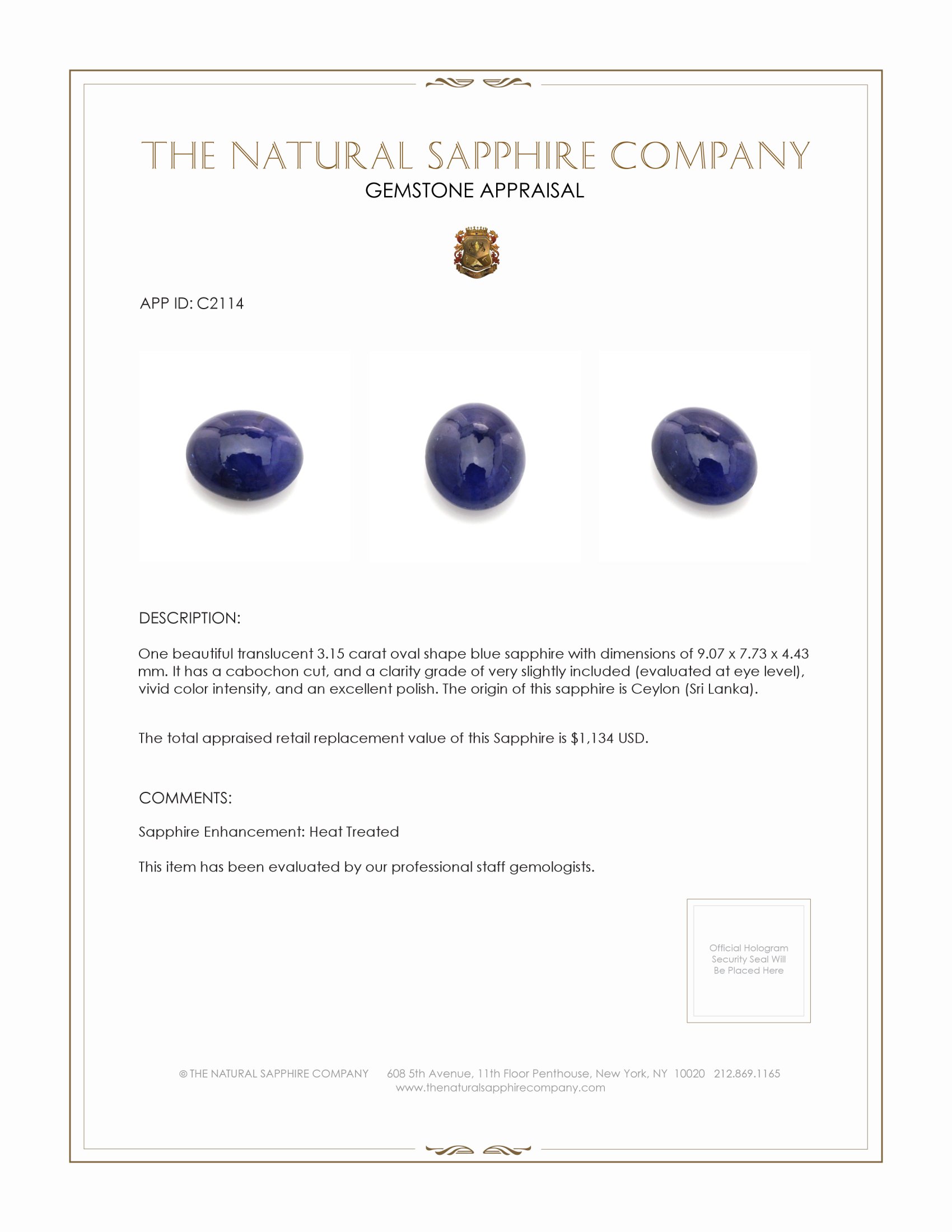 3.15 Ct. Blue Cabochon Sapphire from Ceylon (Sri Lanka)