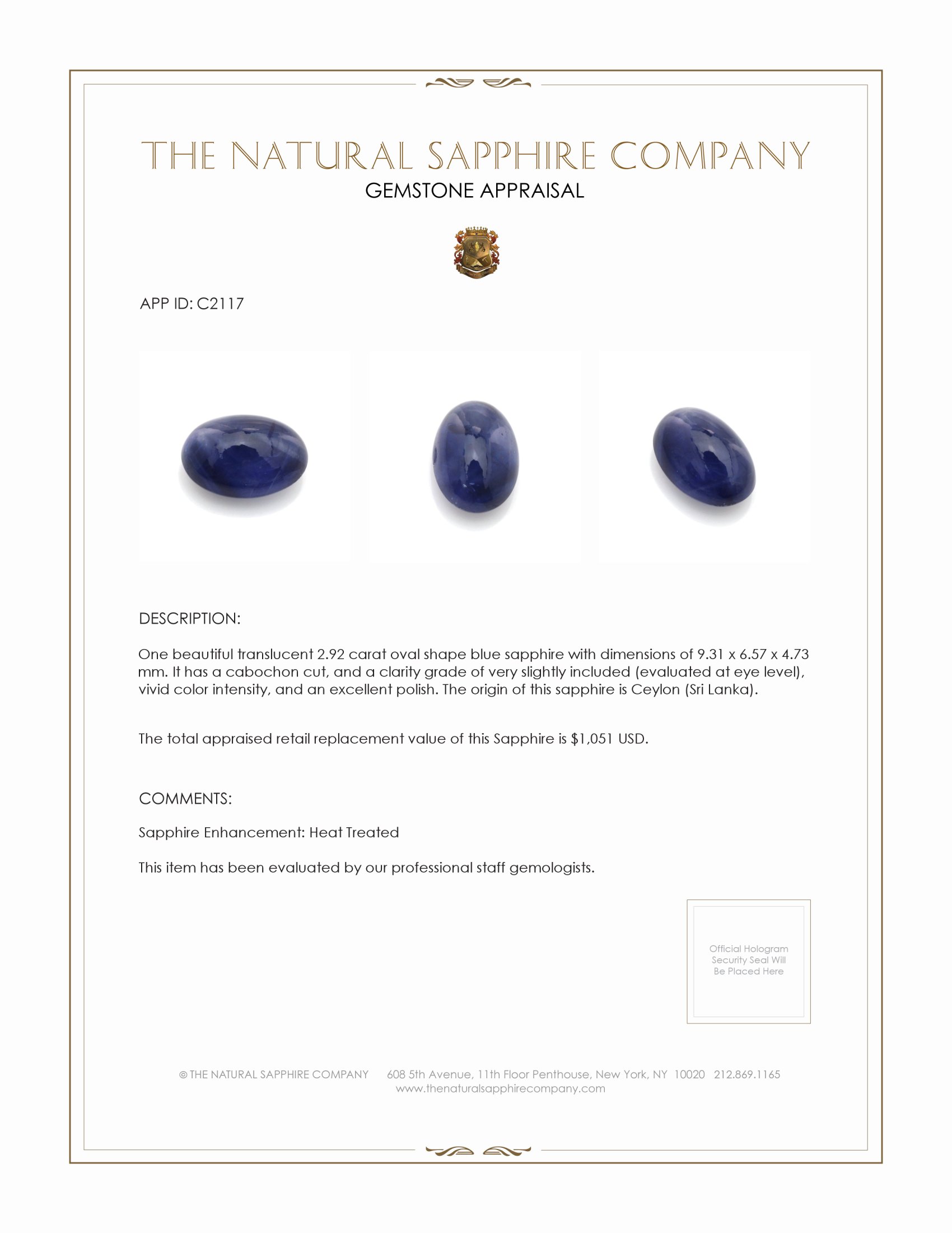 2.92 Ct. Blue Cabochon Sapphire from Ceylon (Sri Lanka)