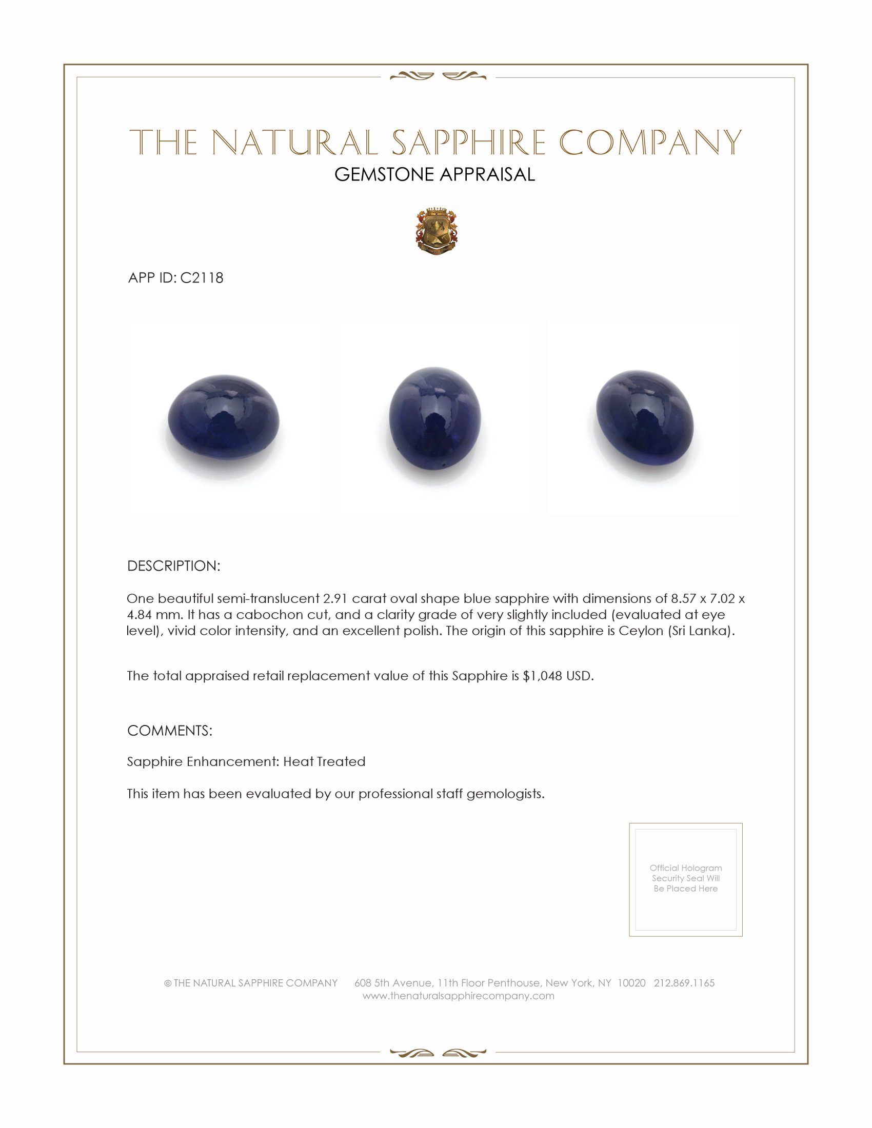 2.91 Ct. Blue Cabochon Sapphire from Ceylon (Sri Lanka)