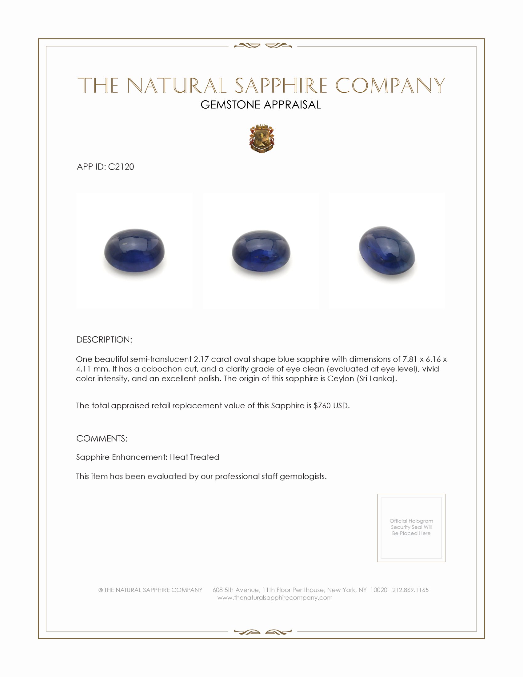 2.17 Ct. Blue Cabochon Sapphire from Ceylon (Sri Lanka)