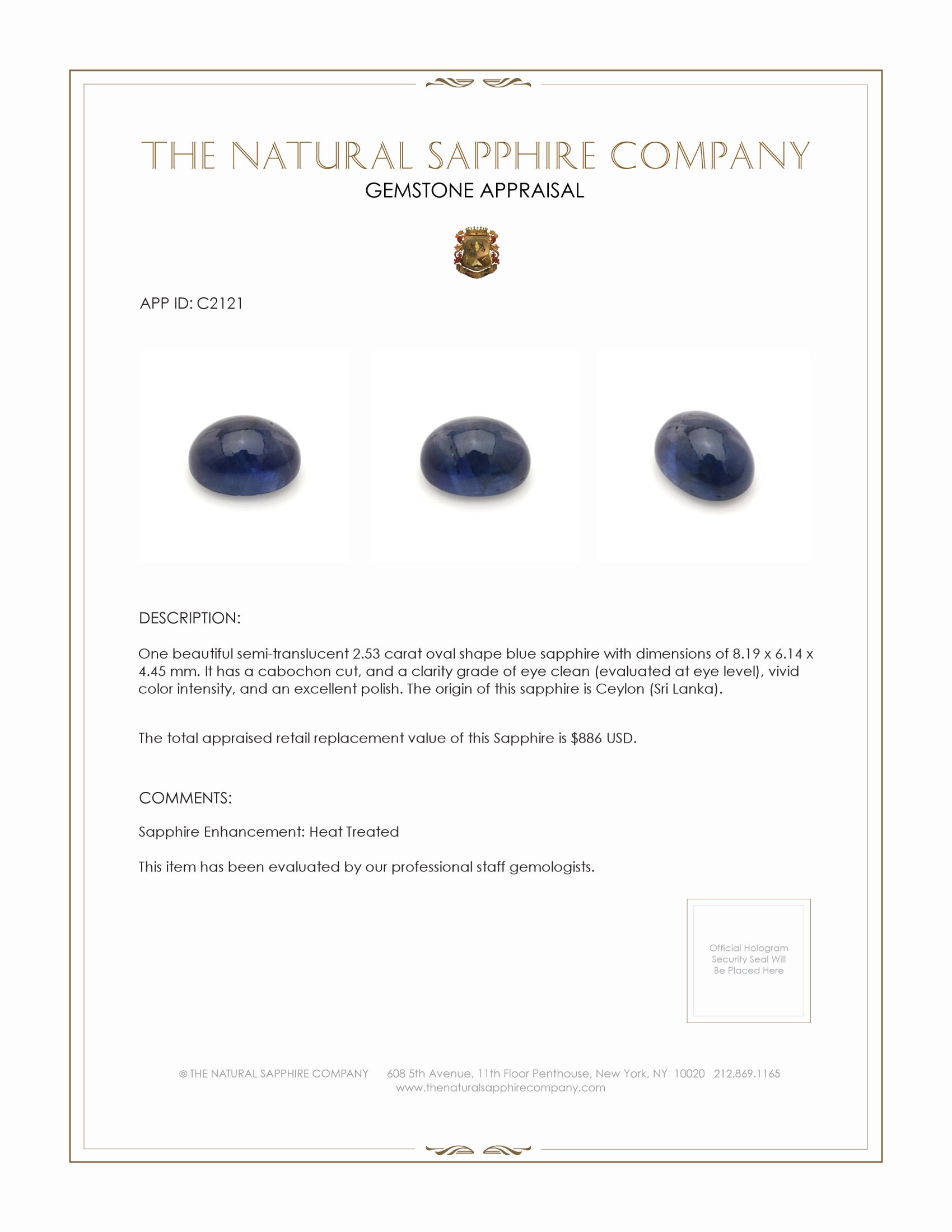 2.53 Ct. Blue Cabochon Sapphire from Ceylon (Sri Lanka)