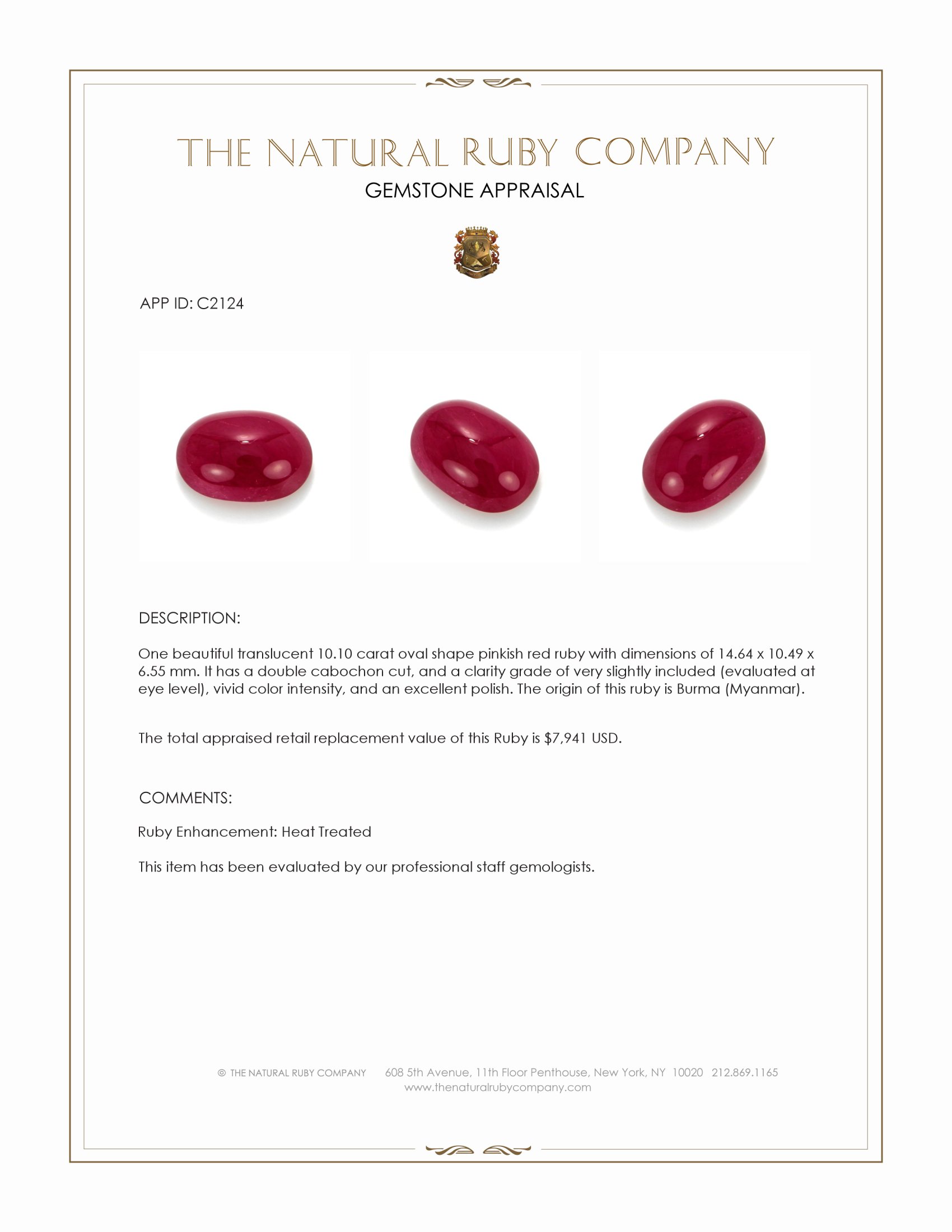 10.10 Ct. Pinkish Red Cabochon Ruby from Burma (Myanmar)