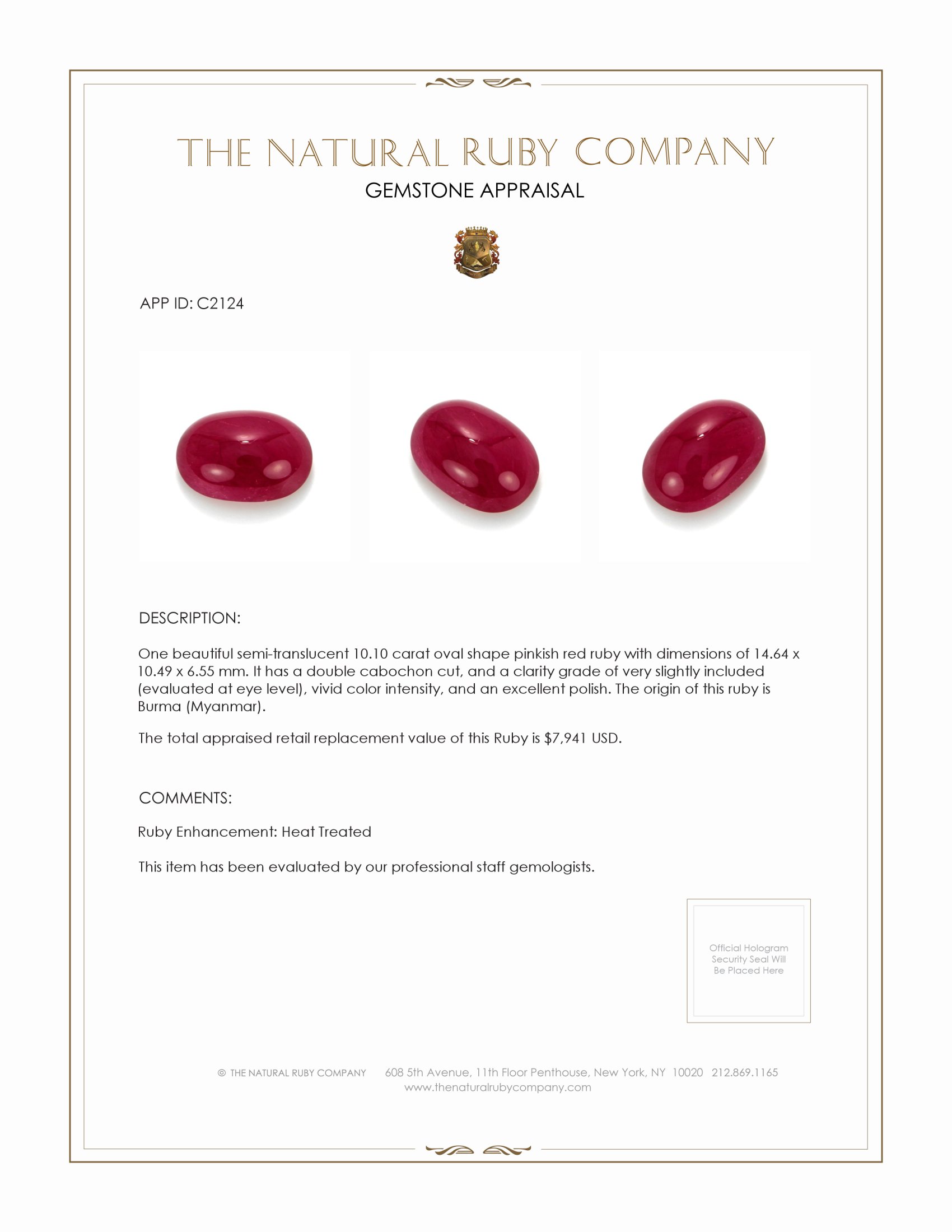 10.10 Ct. Cabochon Ruby from Burma (Myanmar)