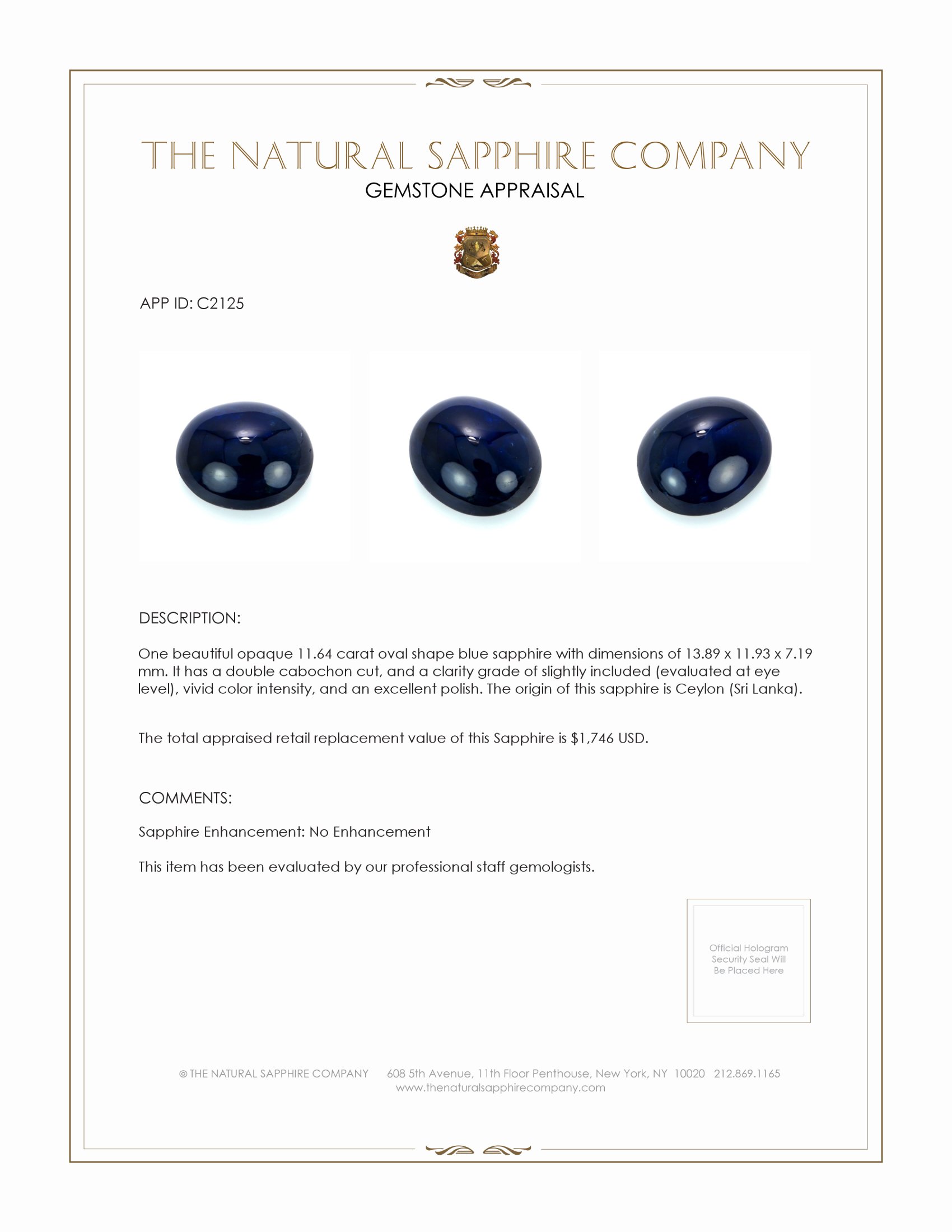 11.64 Ct. Blue Cabochon Sapphire from Ceylon (Sri Lanka)