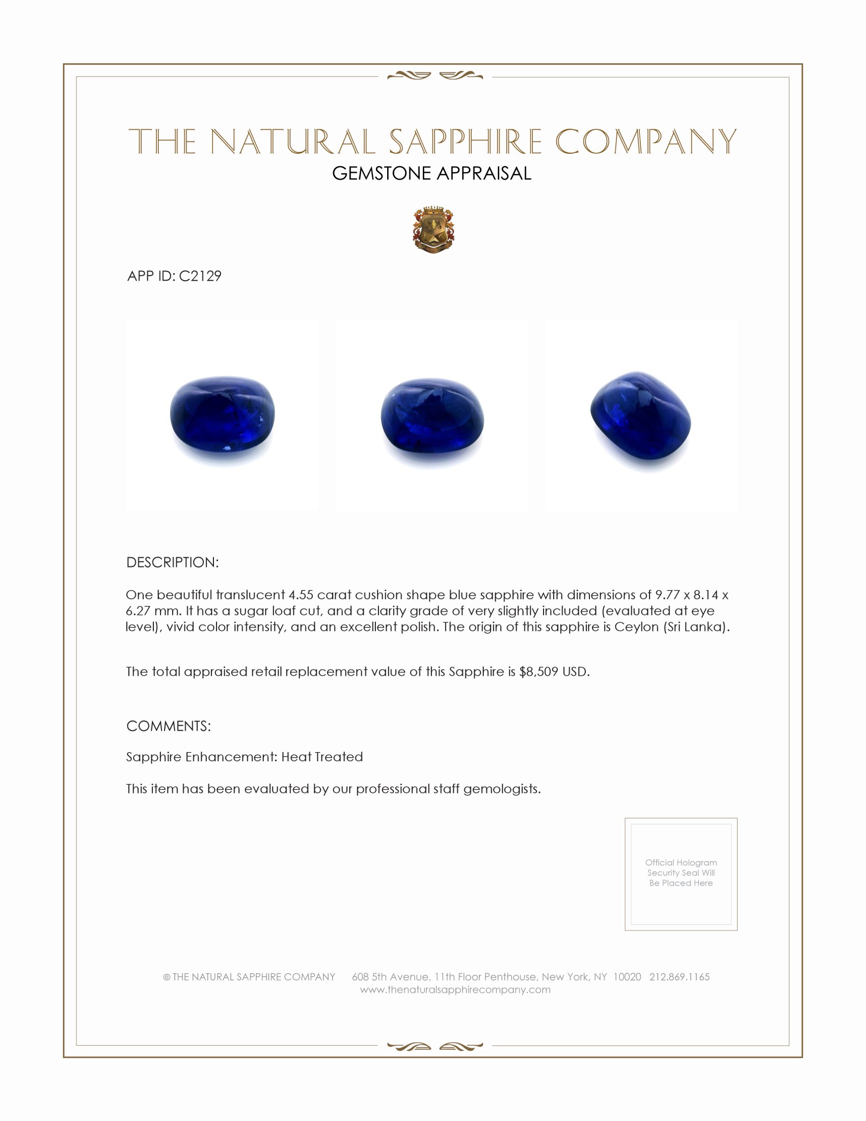 4.55 Ct. Blue Cabochon Sapphire from Ceylon (Sri Lanka)