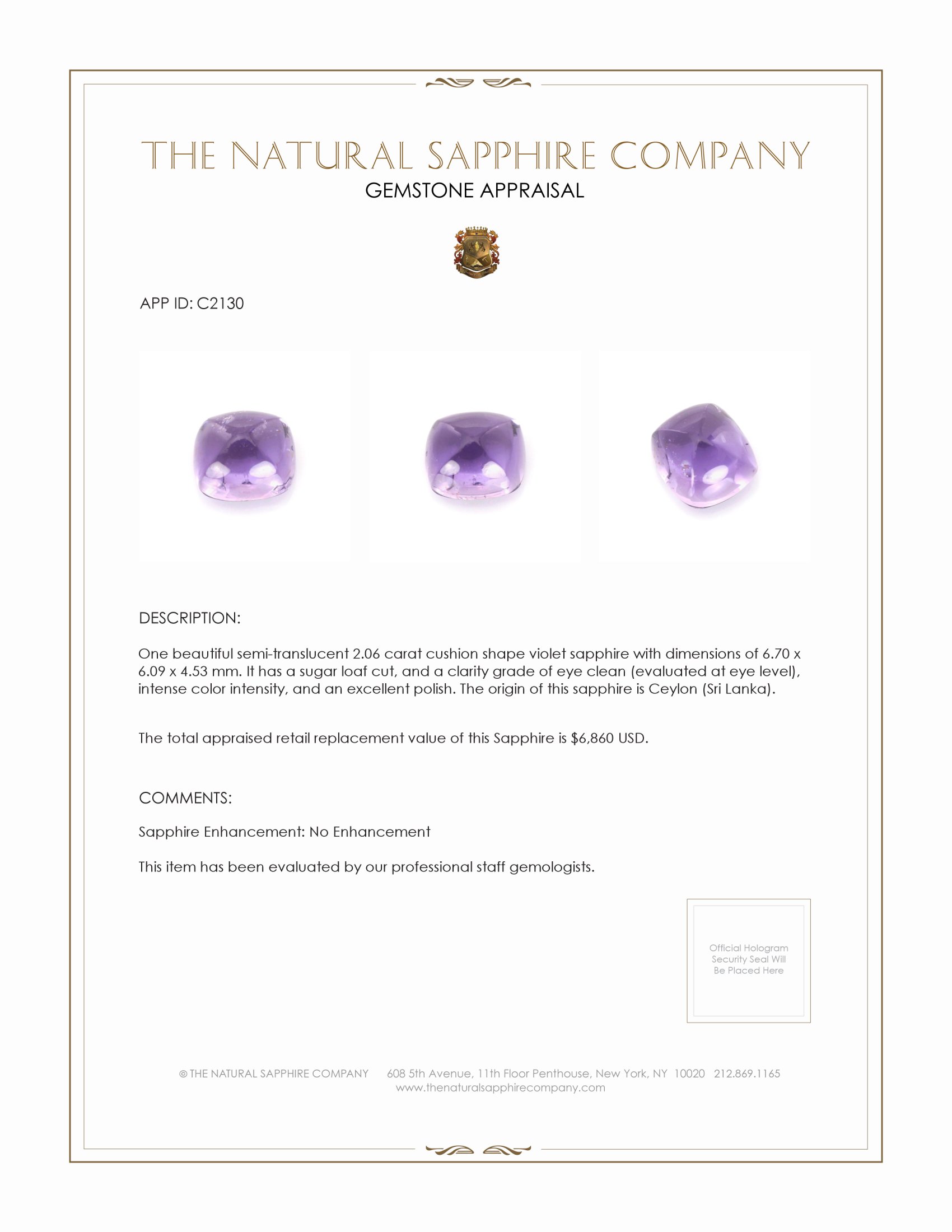 2.06 Ct. Violet Cabochon Sapphire from Ceylon (Sri Lanka)