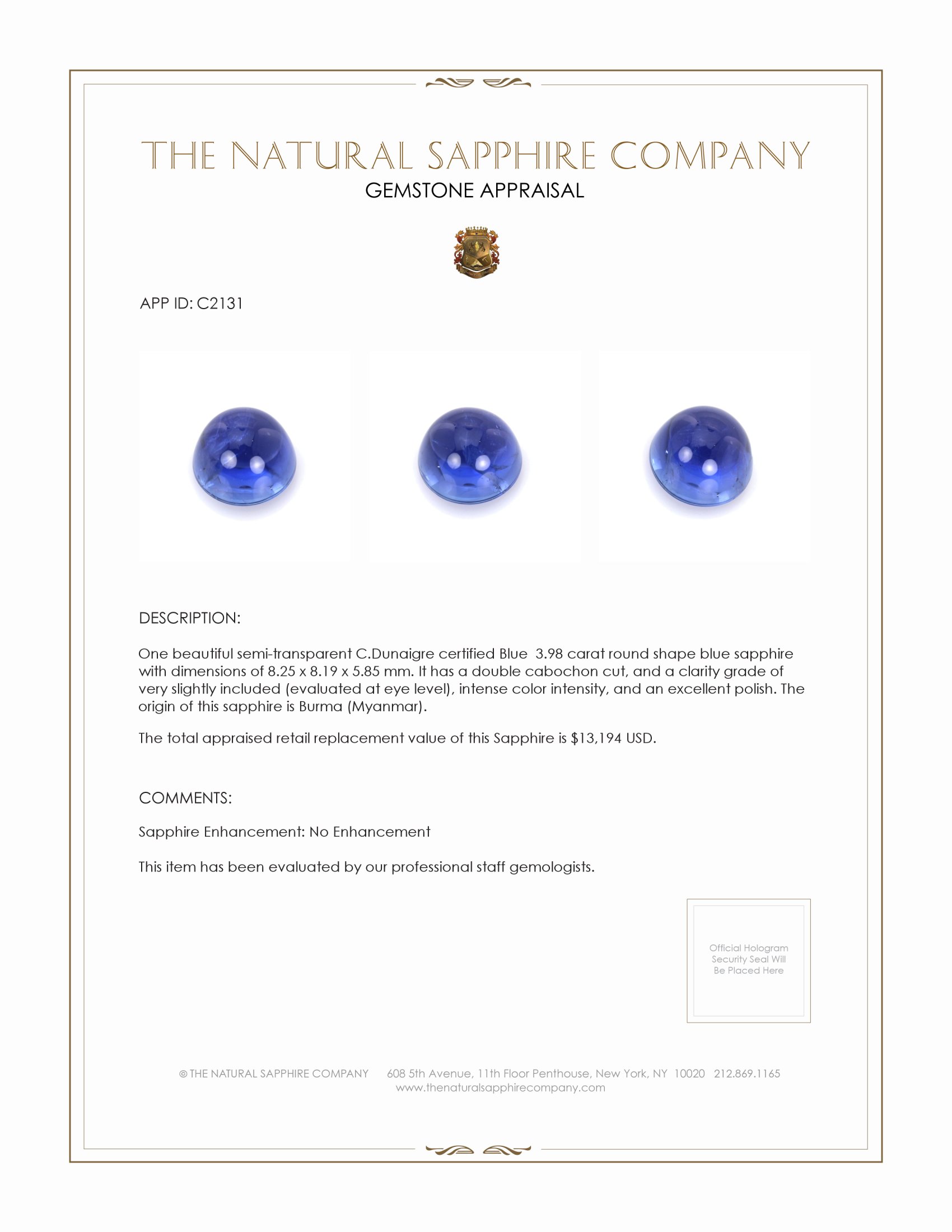 3.98 Ct. Blue Cabochon Sapphire from Burma (Myanmar)