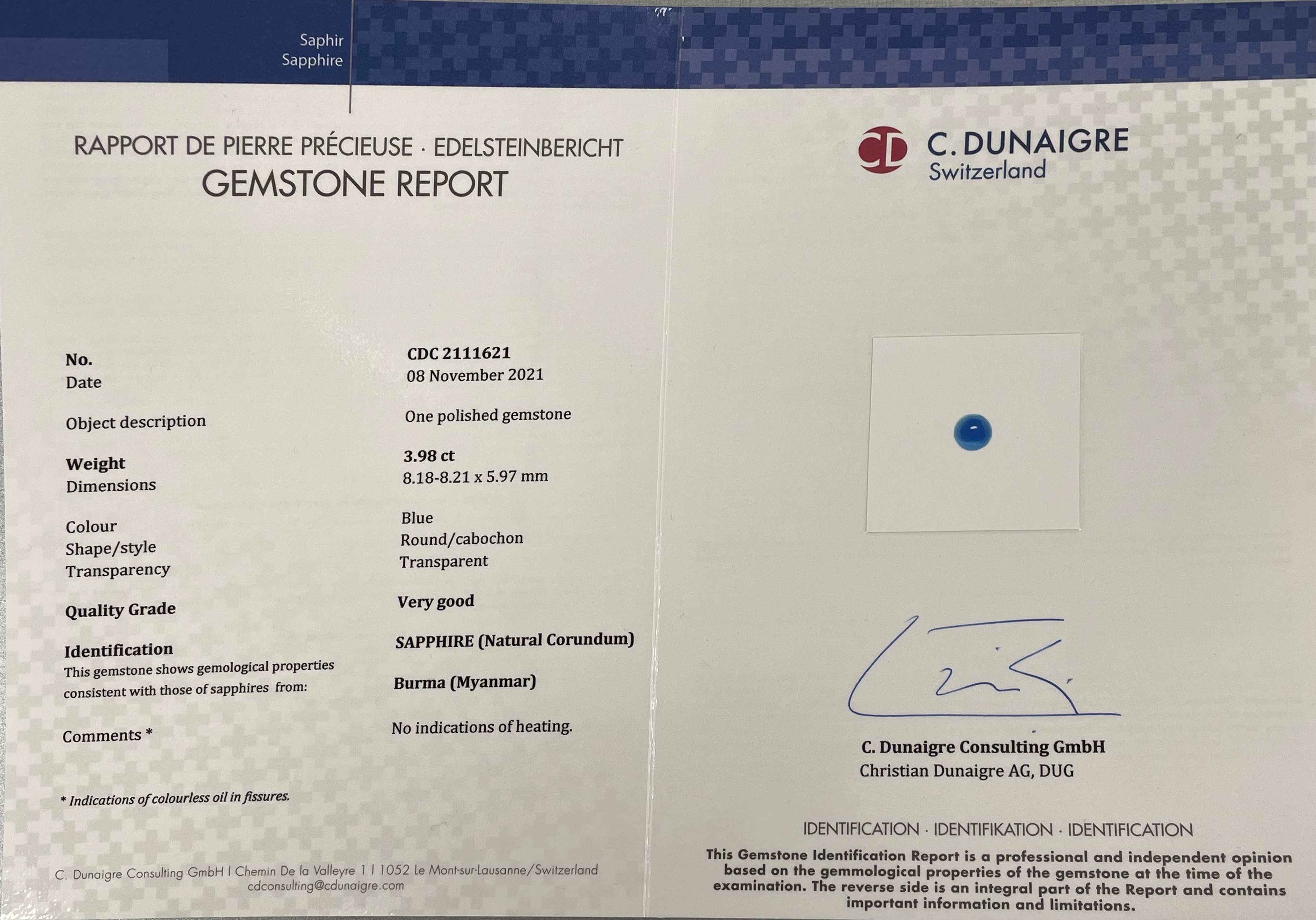 3.98 Ct. Blue Cabochon Sapphire from Burma (Myanmar)