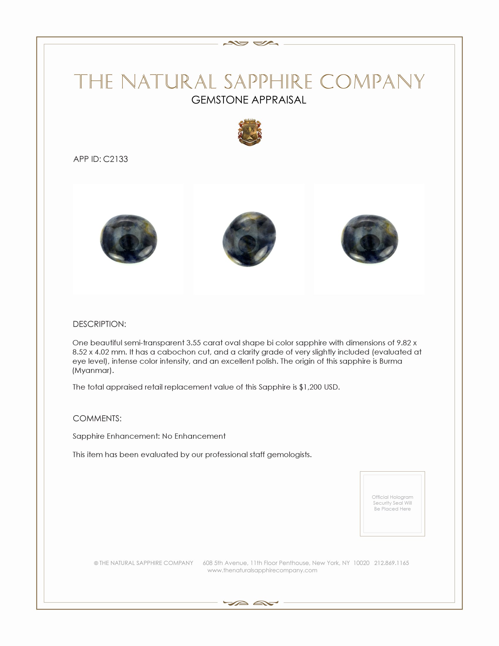 3.55 Ct. Bi Color Cabochon Sapphire from Burma (Myanmar)