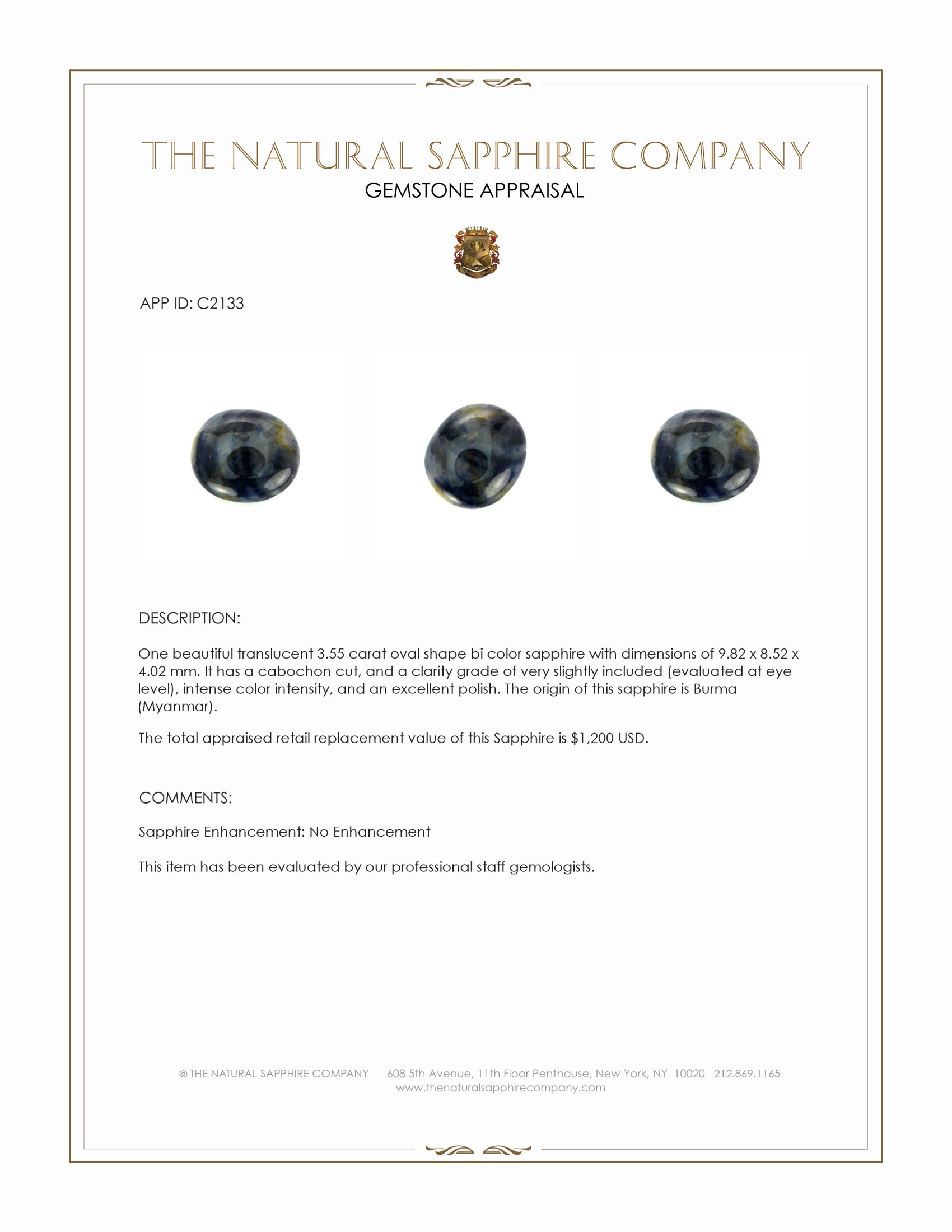 3.55 Ct. Bi Color Cabochon Sapphire from Burma (Myanmar)