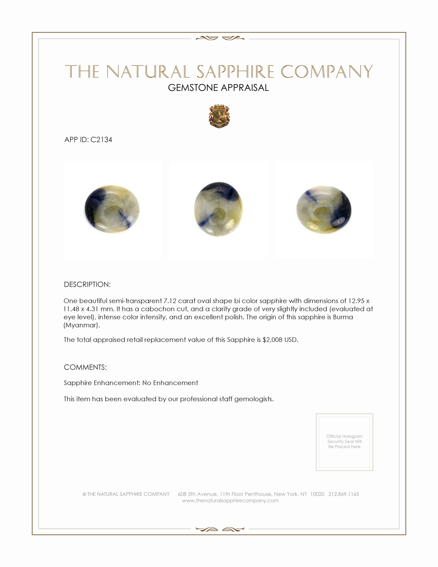 7.12 Ct. Bi Color Cabochon Sapphire from Burma (Myanmar)