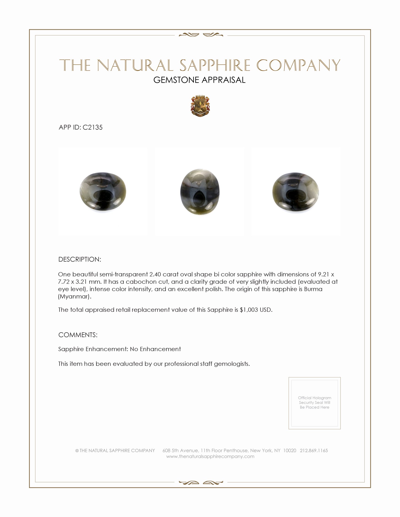 2.40 Ct. Bi Color Cabochon Sapphire from Burma (Myanmar)