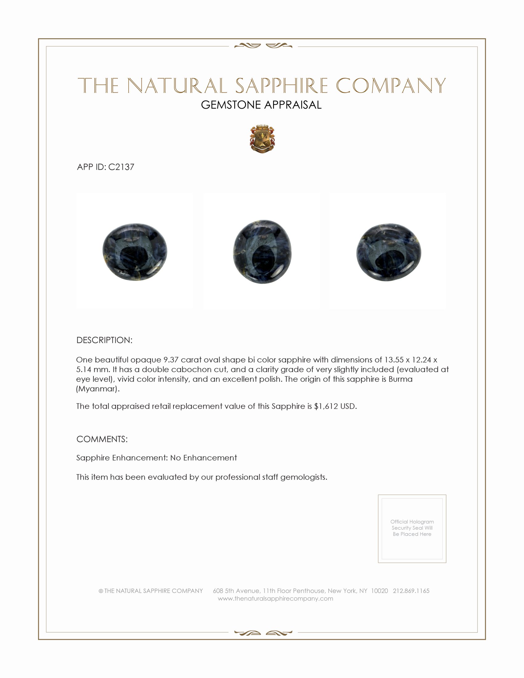 9.37 Ct. Bi Color Cabochon Sapphire from Burma (Myanmar)