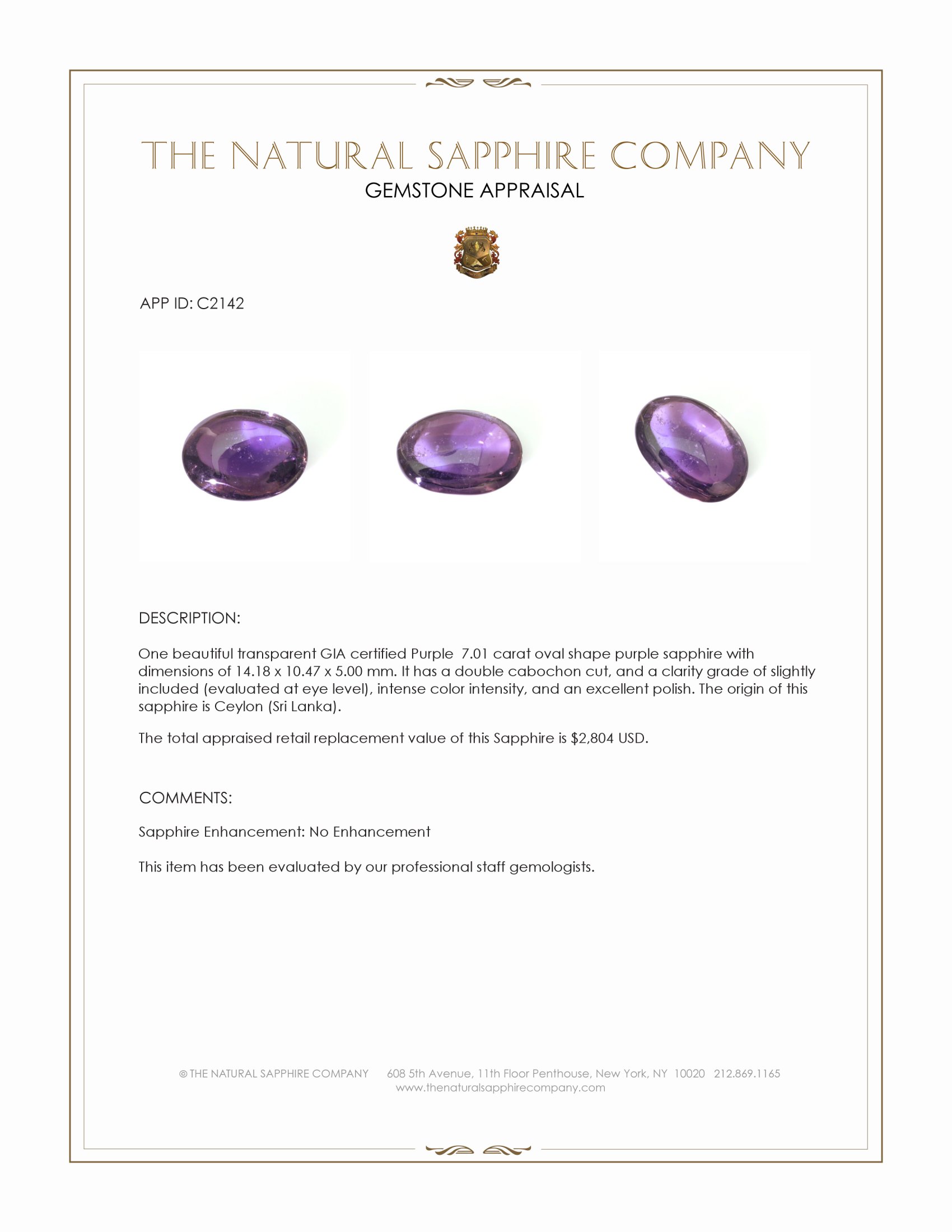 7.01 Ct. Purple Cabochon Sapphire from Ceylon (Sri Lanka)