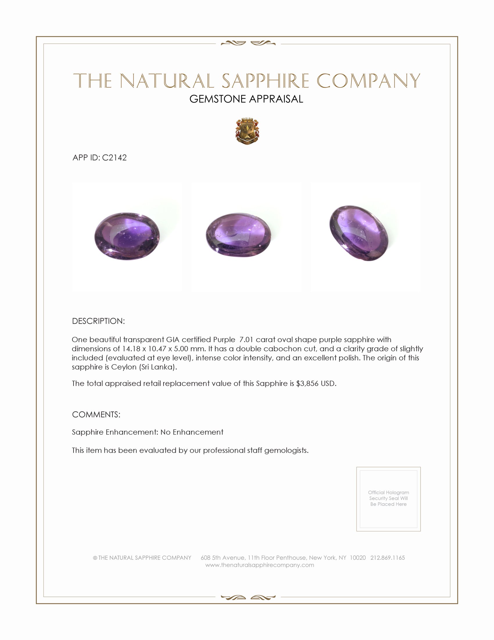 7.01 Ct. Purple Cabochon Sapphire from Ceylon (Sri Lanka)