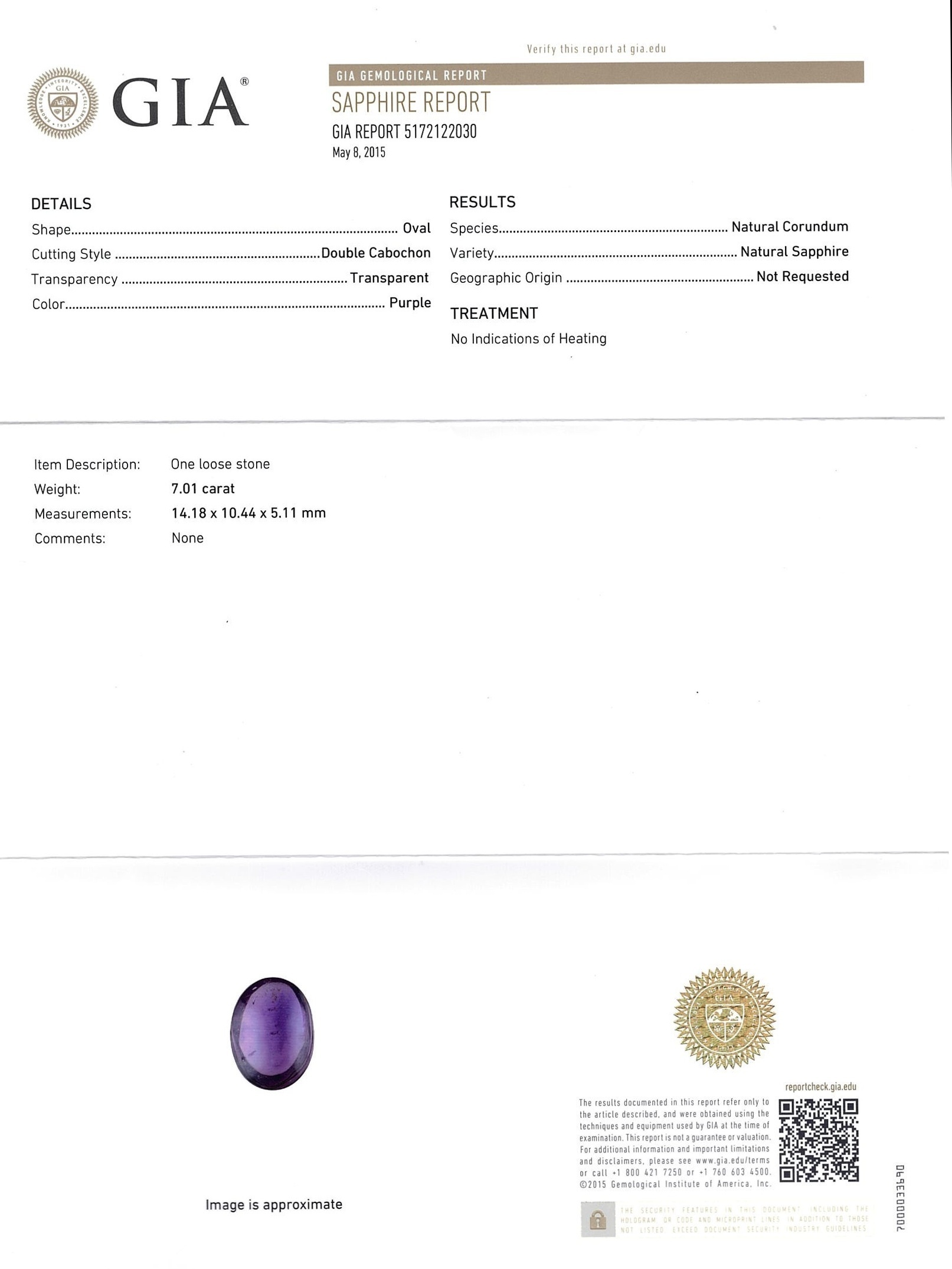 7.01 Ct. Purple Cabochon Sapphire from Ceylon (Sri Lanka)