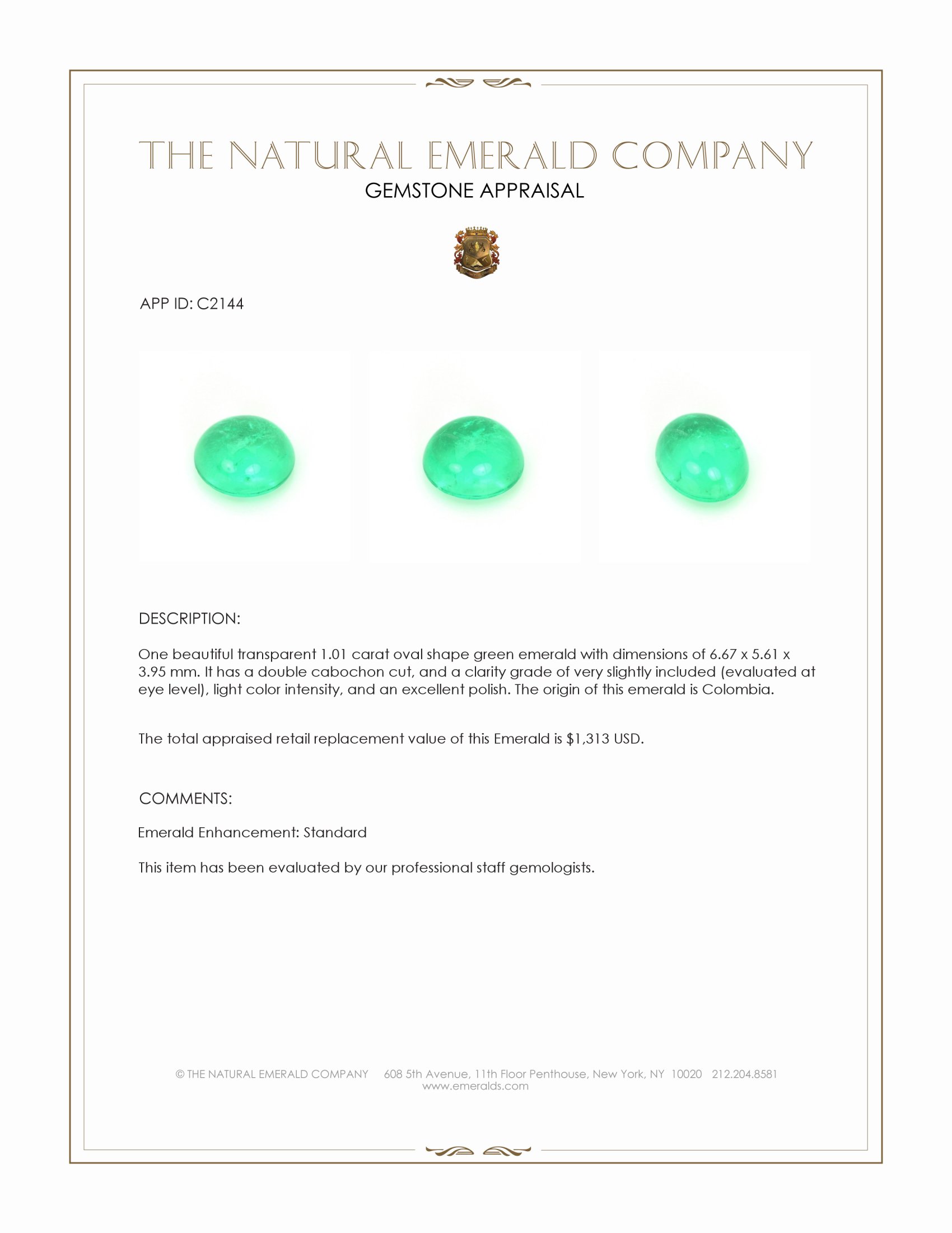 1.01 Ct. Cabochon Emerald from Colombia