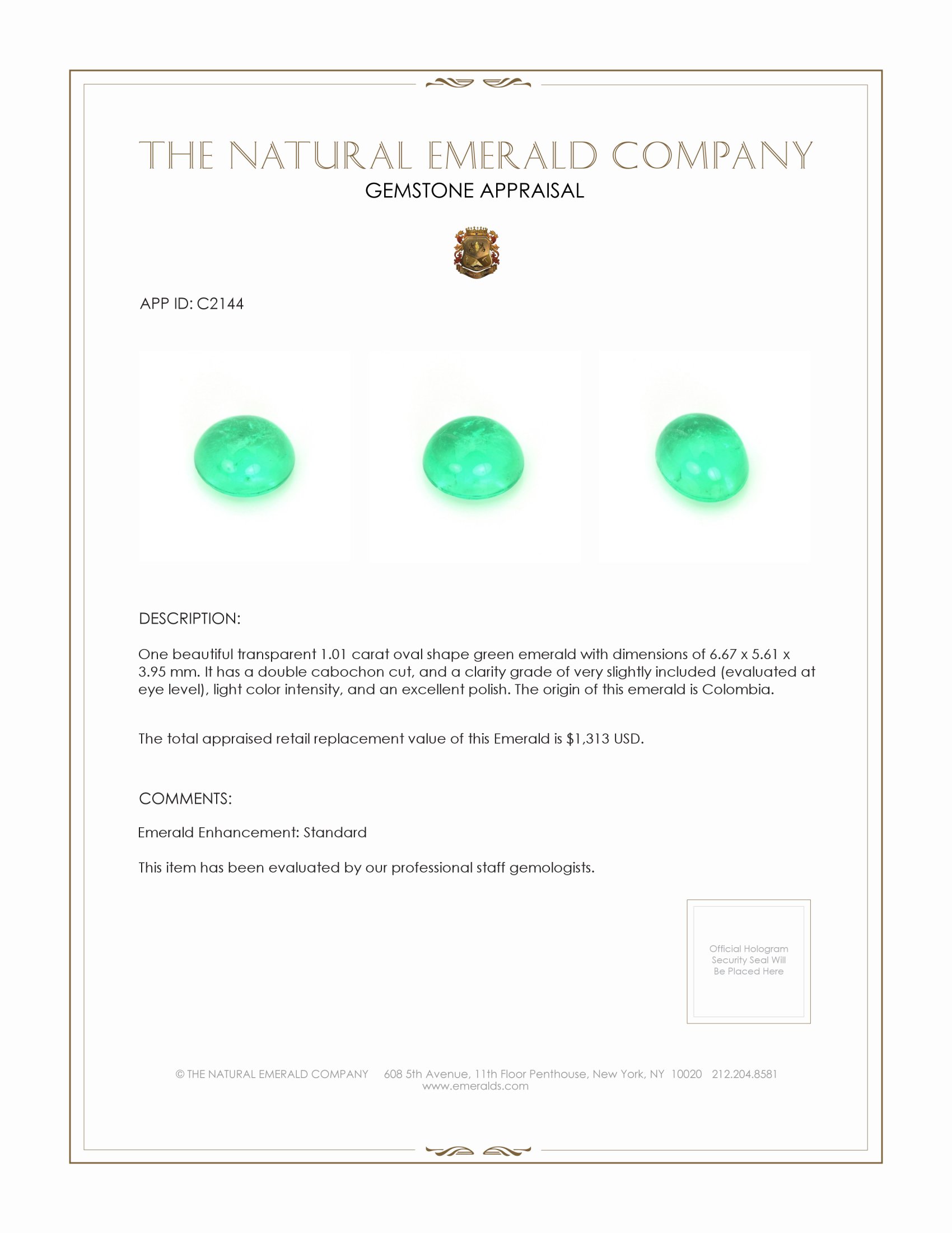 1.01 Ct. Cabochon Emerald from Colombia