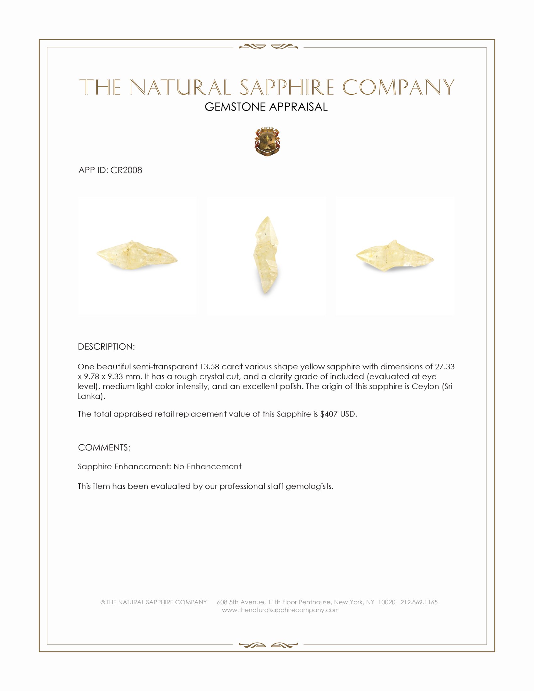 13.58 Ct. Yellow Sapphire Crystal from Ceylon (Sri Lanka)