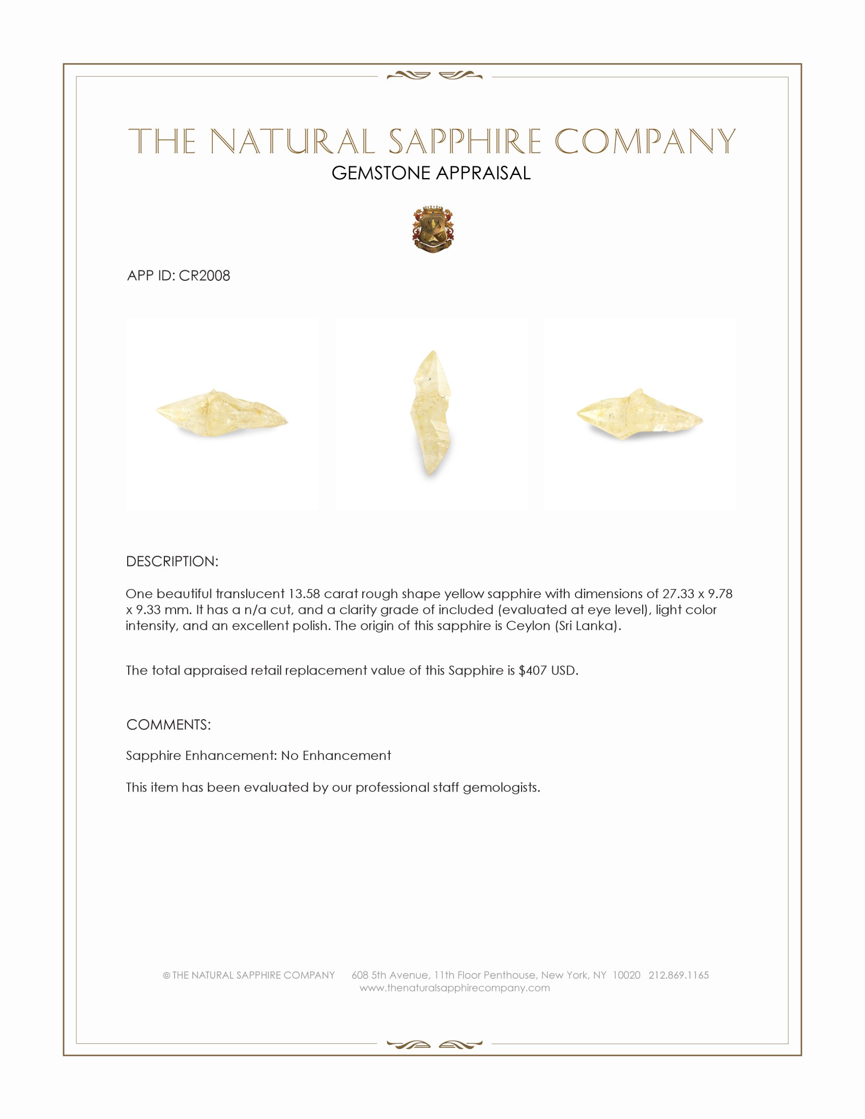 13.58 Ct. Yellow Rough Sapphire from Ceylon (Sri Lanka)