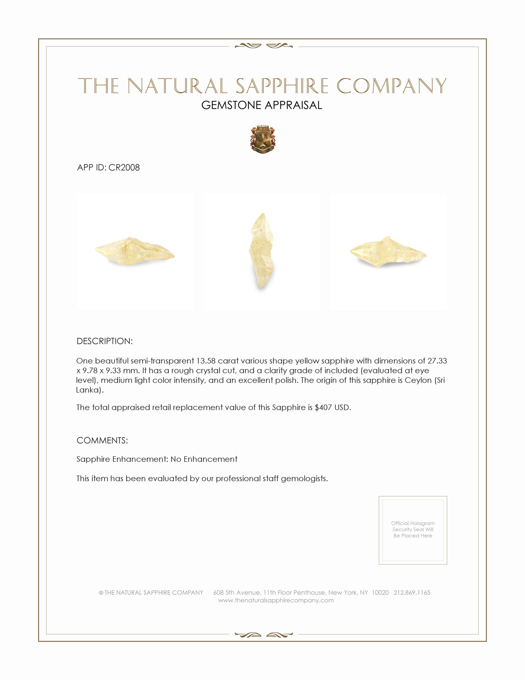 13.58 Ct. Yellow Sapphire Crystal from Ceylon (Sri Lanka)